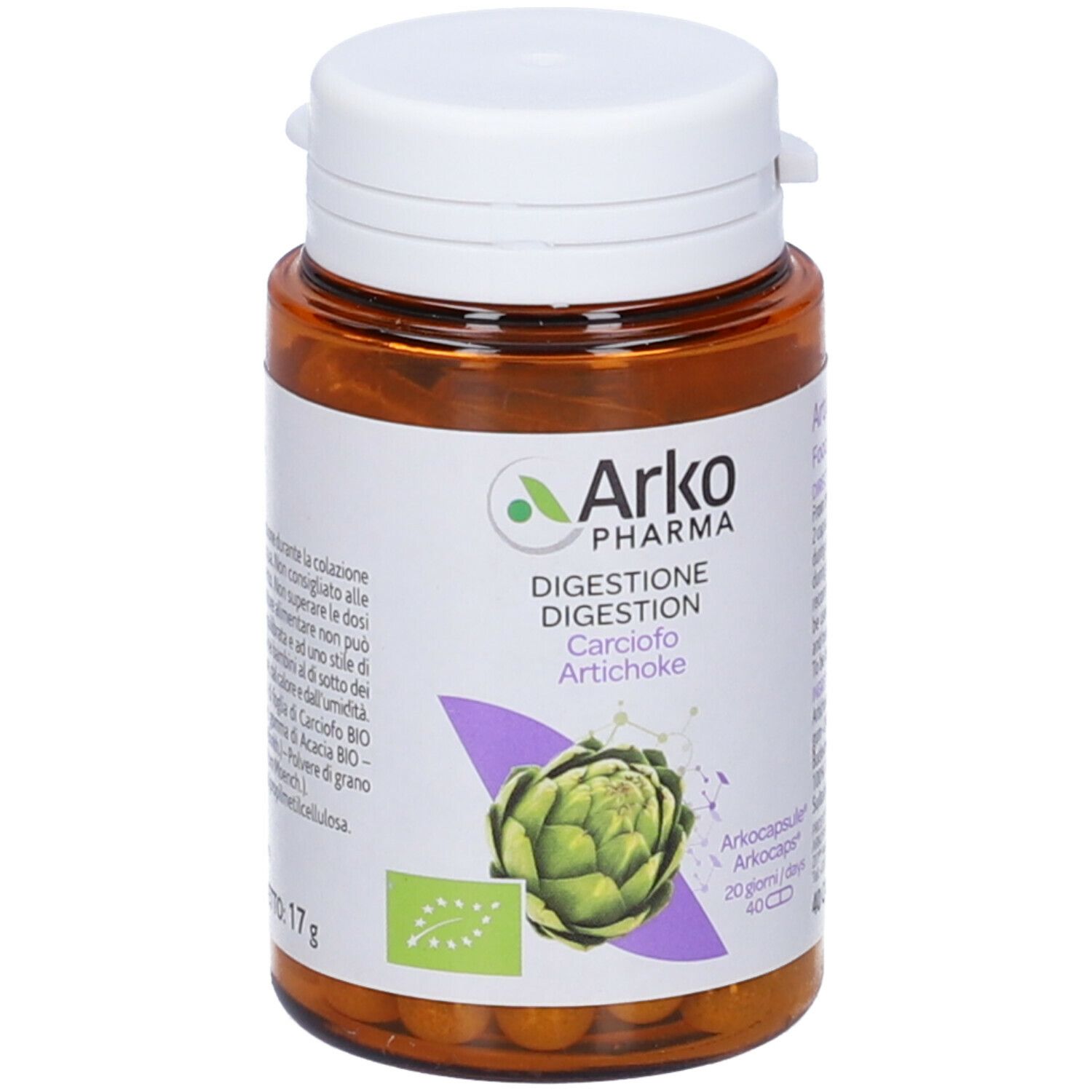 Flacone marrone, tappo bianco. Scritto: Arkopharma, Digestion, Carciofo, Artichoke, 40 capsule. Certificazione bio.