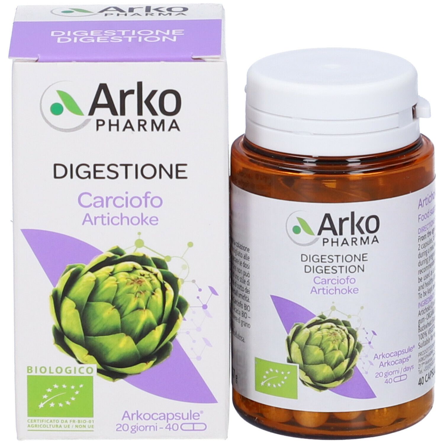 Confezione: scatola e flacone. Scritto: Arkopharma, Digestion, Carciofo, Artichoke, 40 capsule. Certificazione bio.