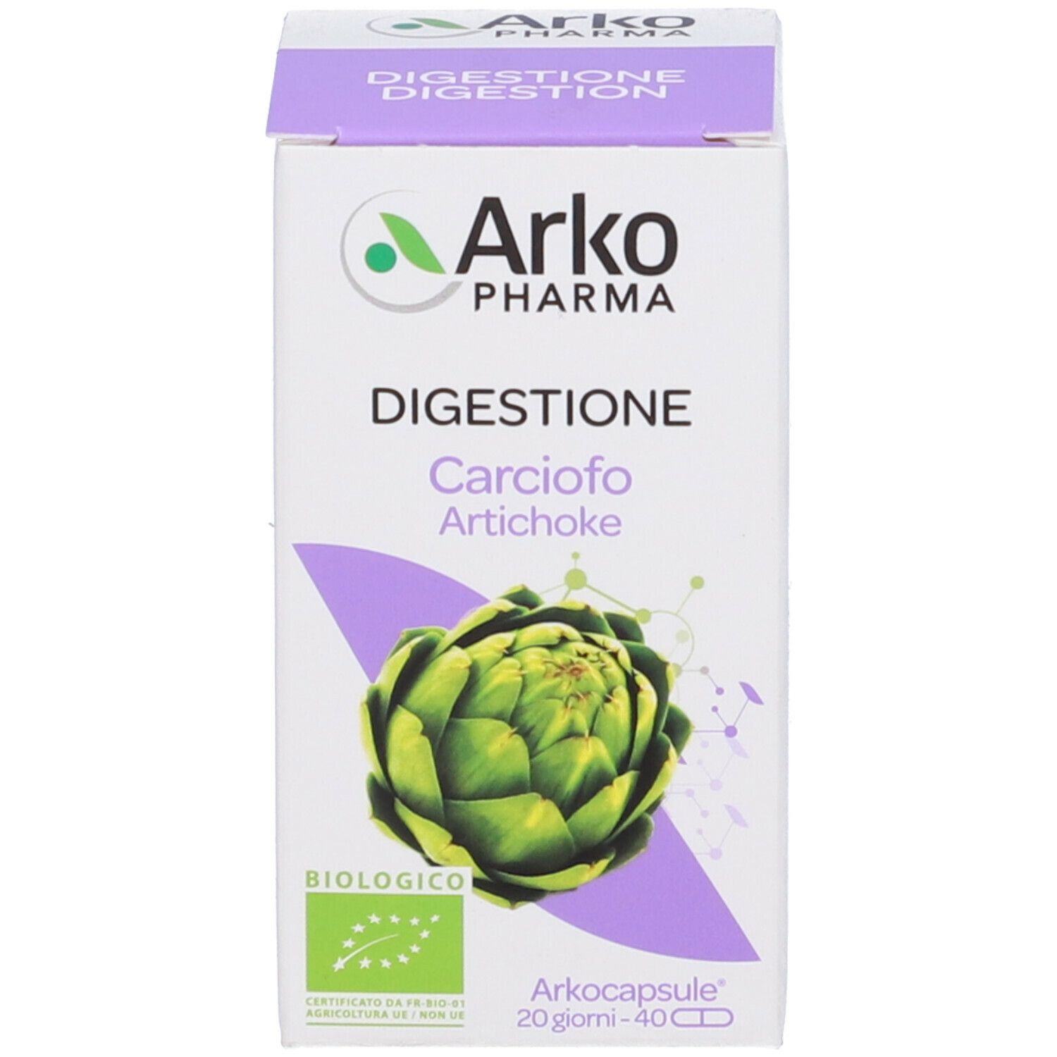 Scatola Arkopharma Carciofo. Scritto: Digestion, Carciofo, Artichoke, 40 capsule. Certificazione bio.