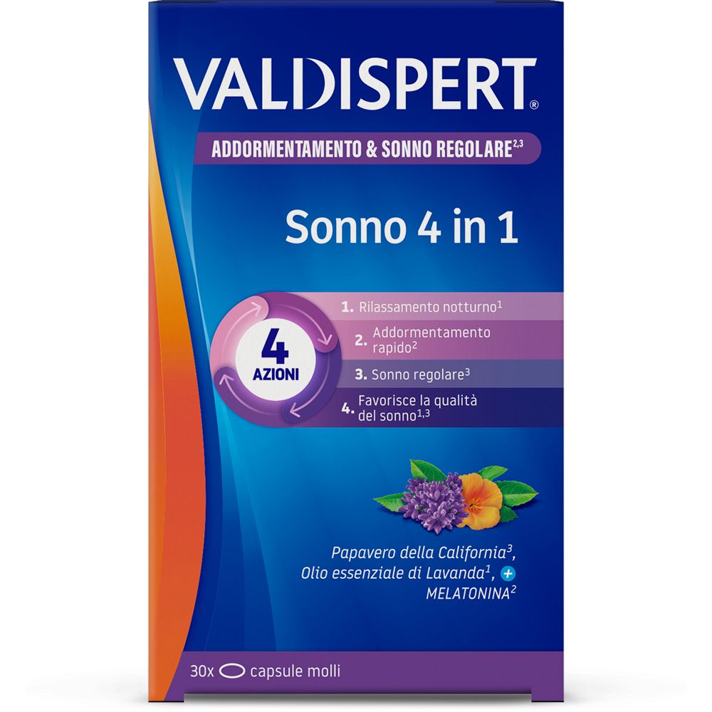 Valdispert Sonno 4 in 1. Confezione con informazioni sul prodotto. 30 capsule. Contiene melatonina, olio di lavanda, papavero.