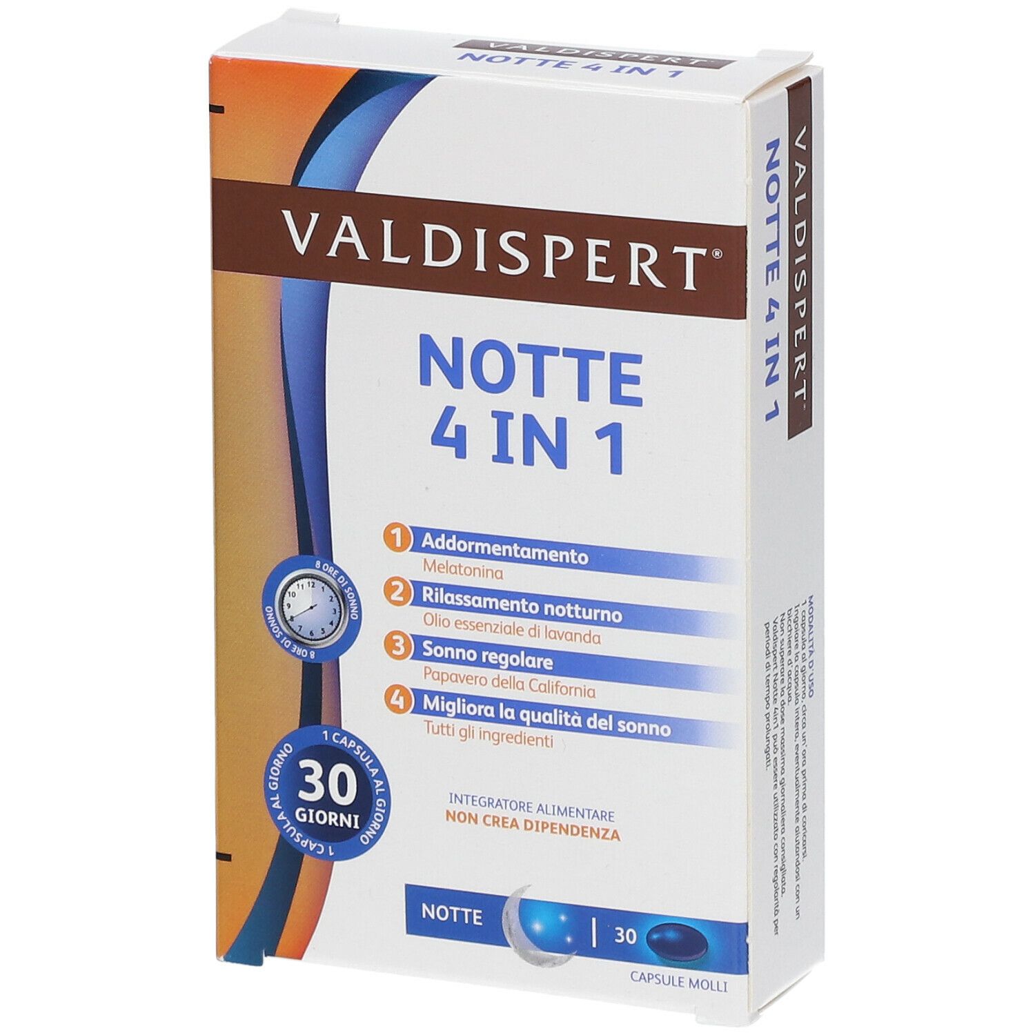 Valdispert Notte 4 in 1. Confezione con informazioni sul prodotto. 30 capsule. Ingredienti: melatonina, olio di lavanda, papavero.