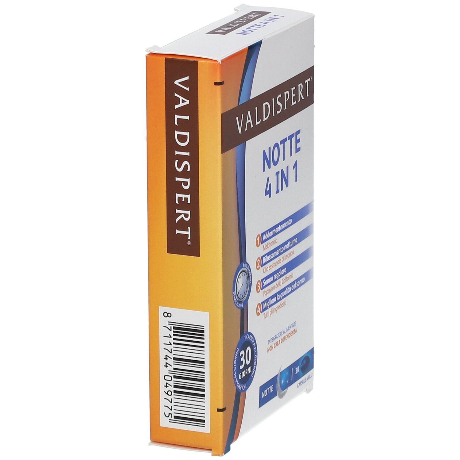 Valdispert Notte 4 in 1. Confezione. Vista laterale con informazioni sul prodotto. 30 capsule.