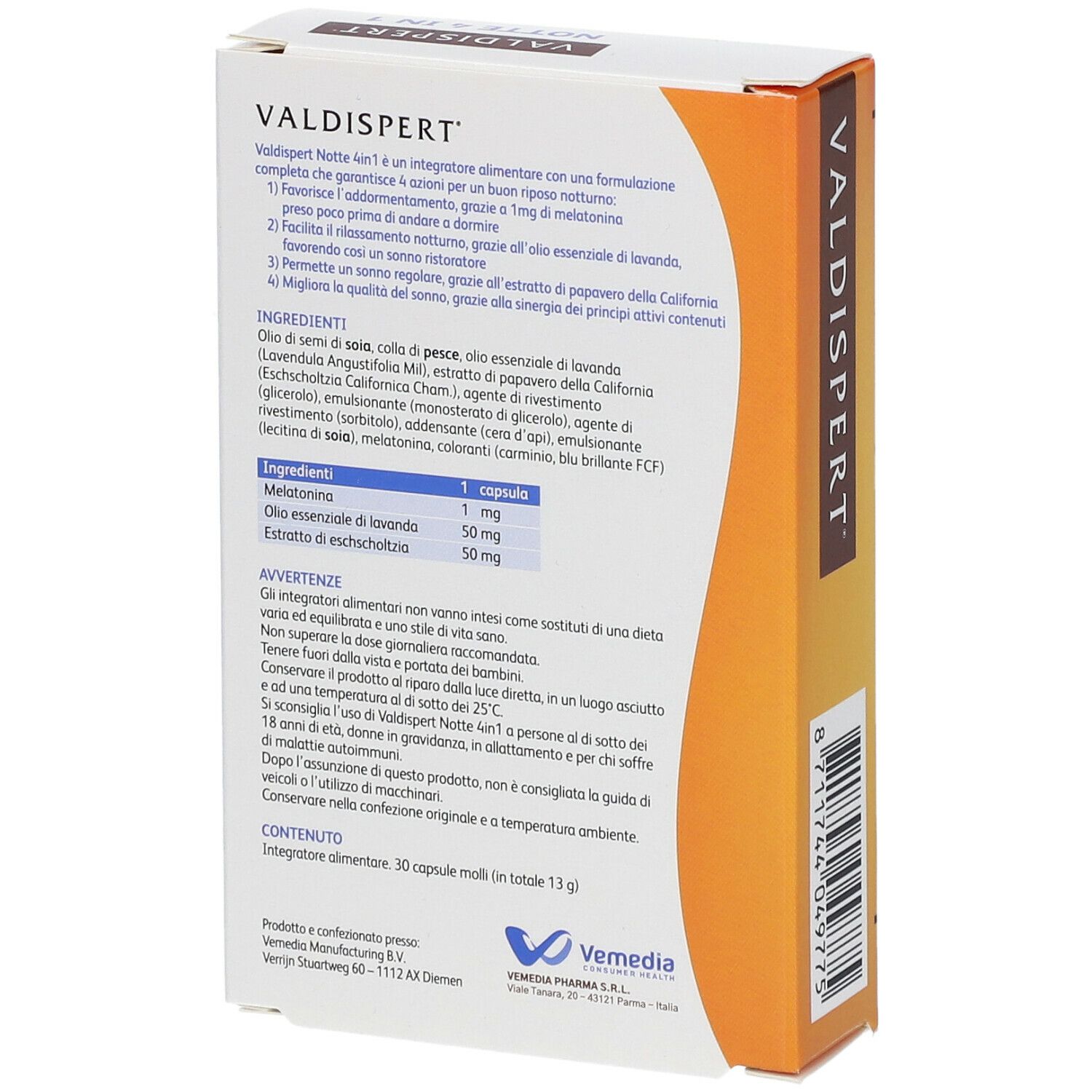 Valdispert Notte 4 in 1. Confezione. Retro con ingredienti e istruzioni per l'uso.