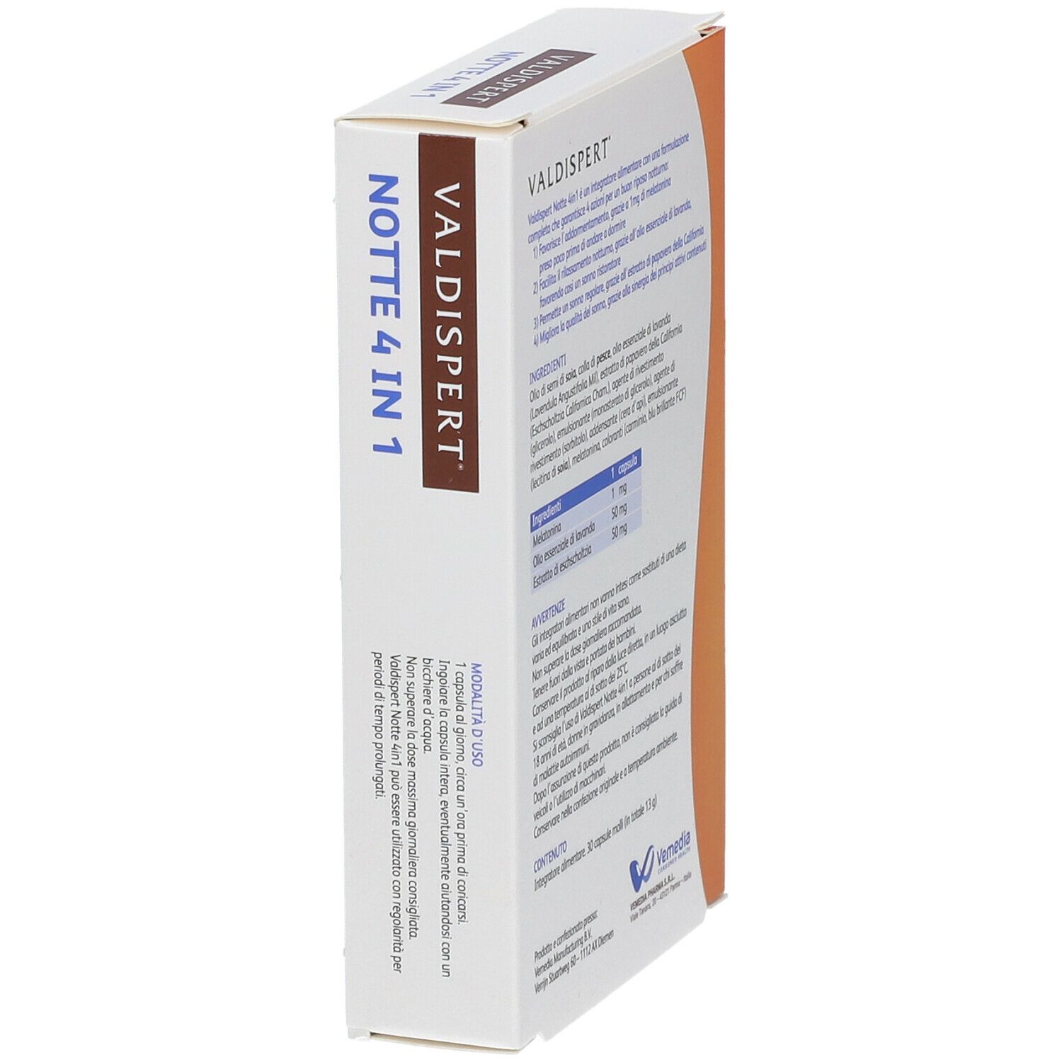 Valdispert Notte 4 in 1. Confezione. Vista laterale con ingredienti e istruzioni per l'uso.