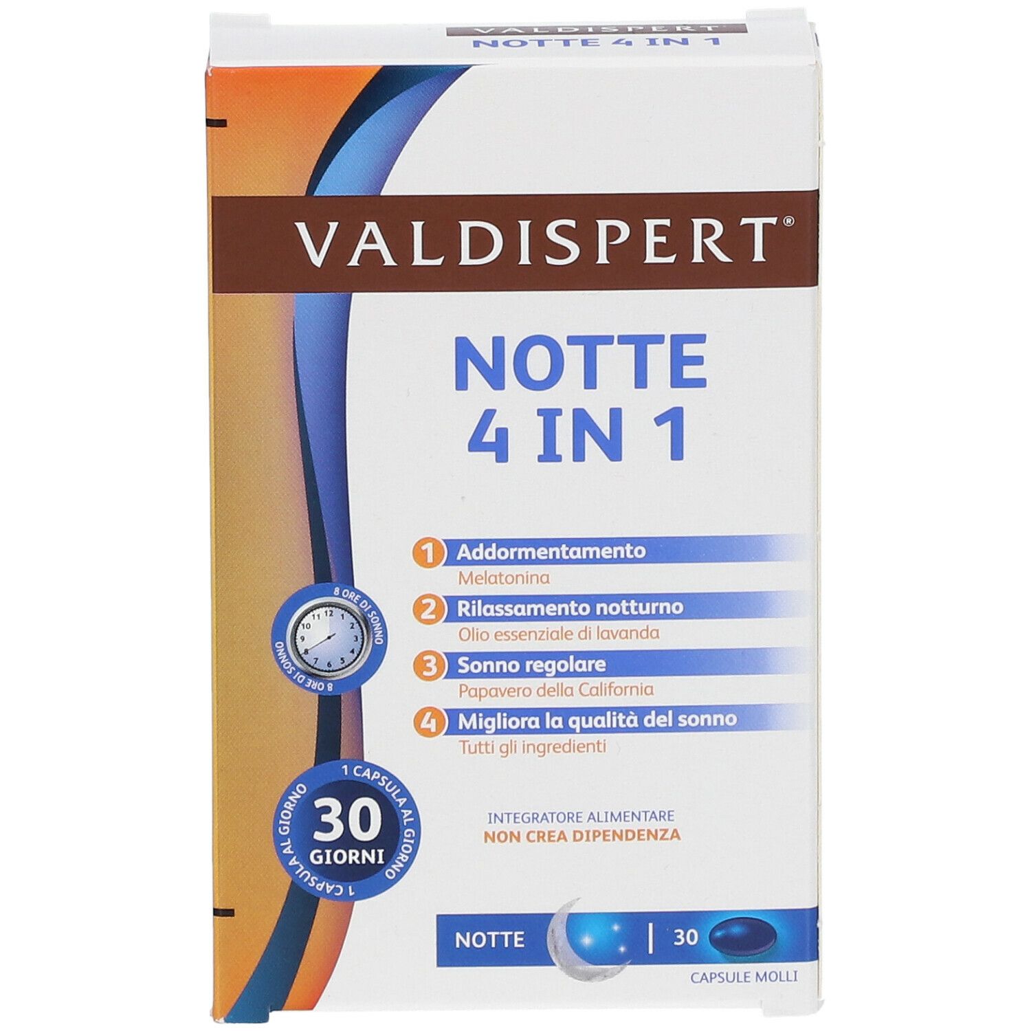 Valdispert Notte 4 in 1. Confezione con informazioni sul prodotto. 30 capsule. Ingredienti: melatonina, olio di lavanda, papavero.