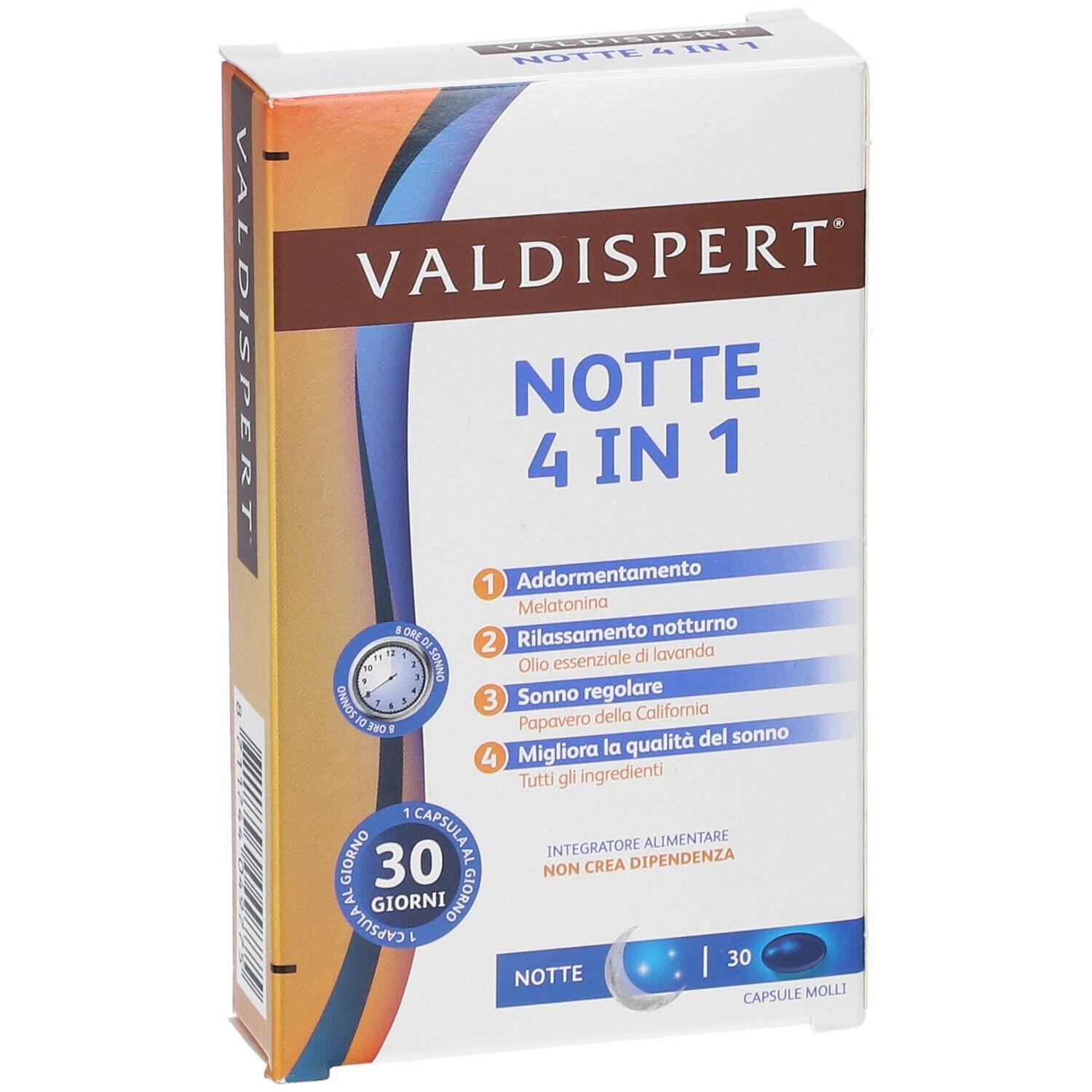 Valdispert Notte 4 in 1. Confezione con informazioni sul prodotto. 30 capsule. Ingredienti: melatonina, olio di lavanda, papavero.