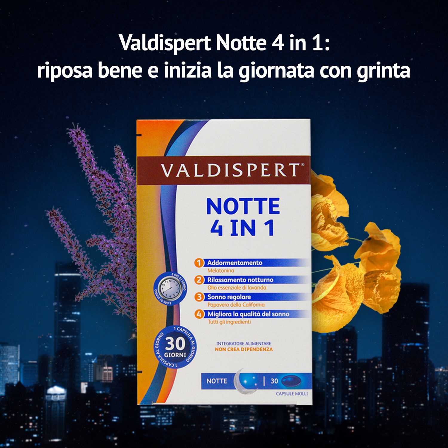 Valdispert Notte 4 in 1. Confezione con informazioni sul prodotto. 30 capsule. Sfondo: città di notte.