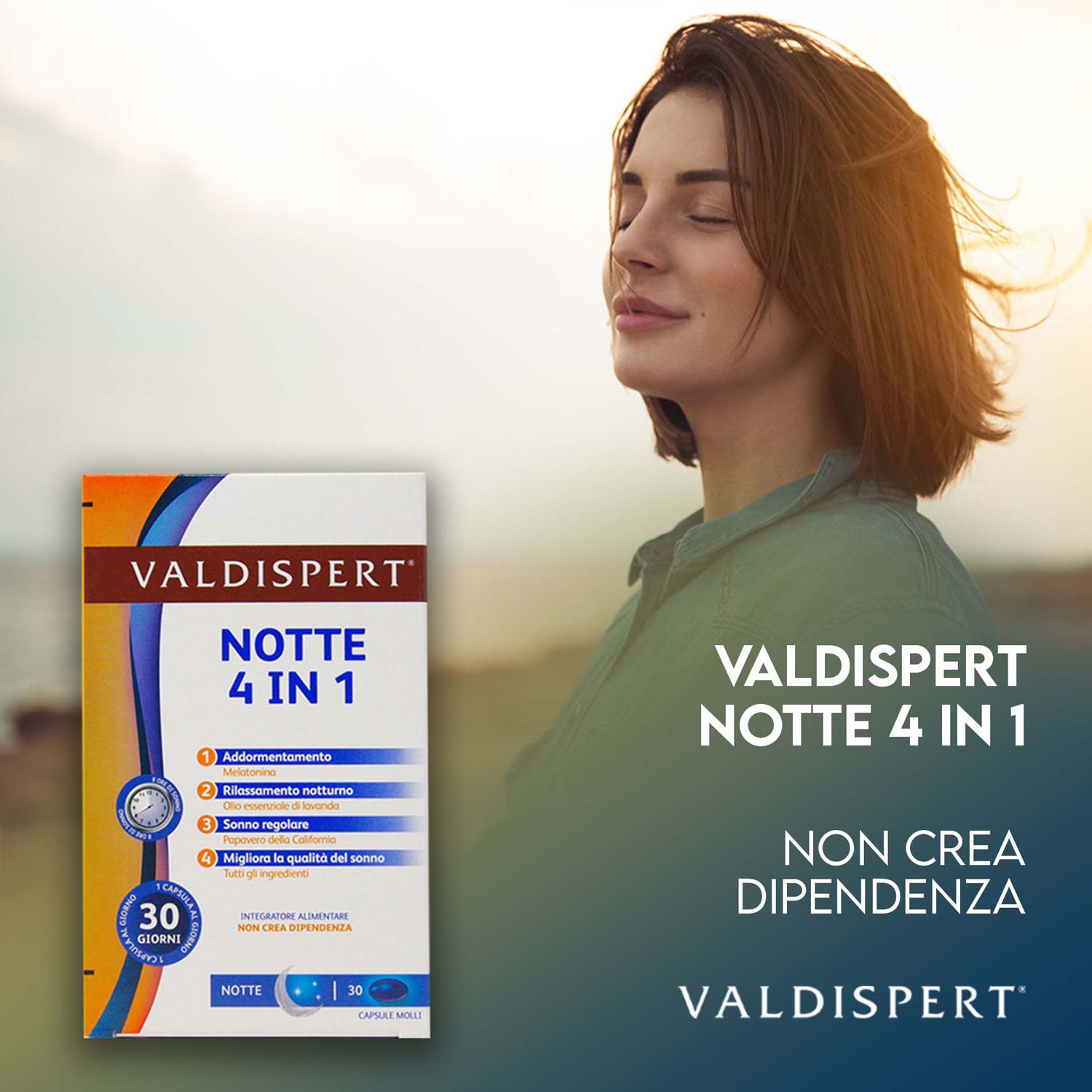 Valdispert Notte 4 in 1. Confezione. Donna sullo sfondo. Testo: Non crea dipendenza.