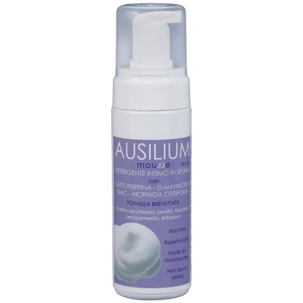 Flacone bianco con etichetta viola. Scritta: Ausilium Mousse. Prodotto per l'igiene intima.