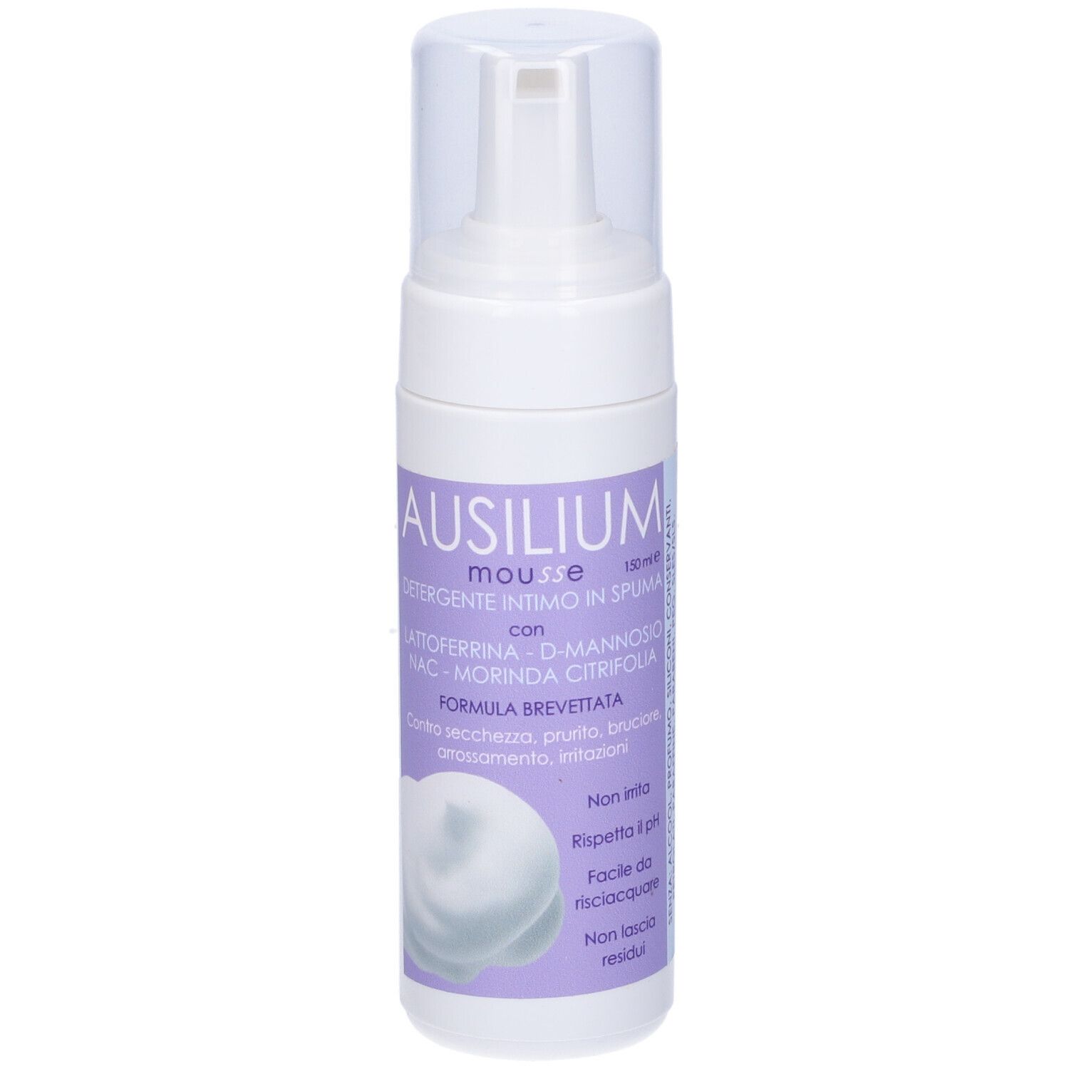 Flacone bianco con etichetta viola. Scritta: Ausilium Mousse. Prodotto per l'igiene intima.