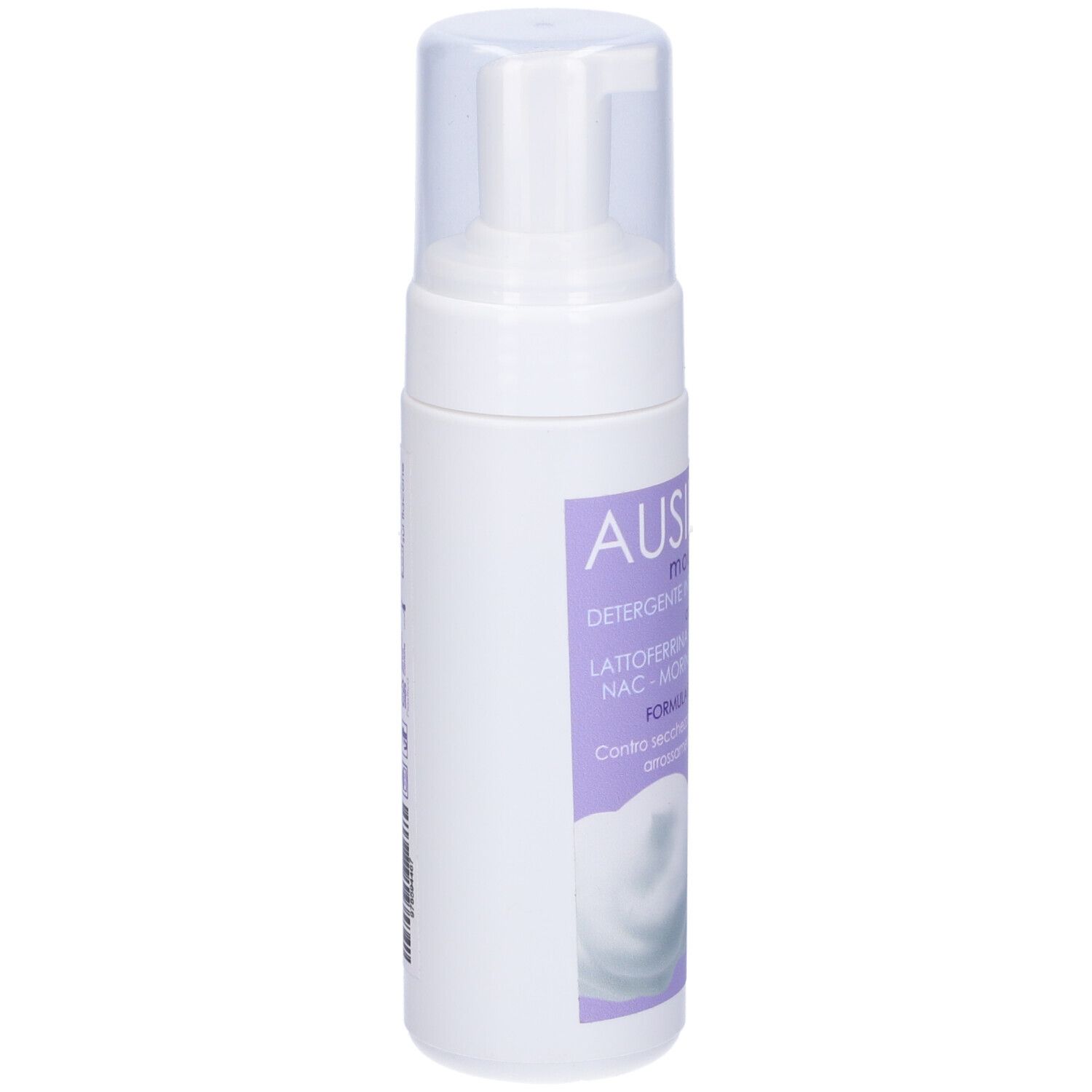 Flacone bianco con etichetta viola. Scritta: Ausilium Mousse. Prodotto per l'igiene intima.
