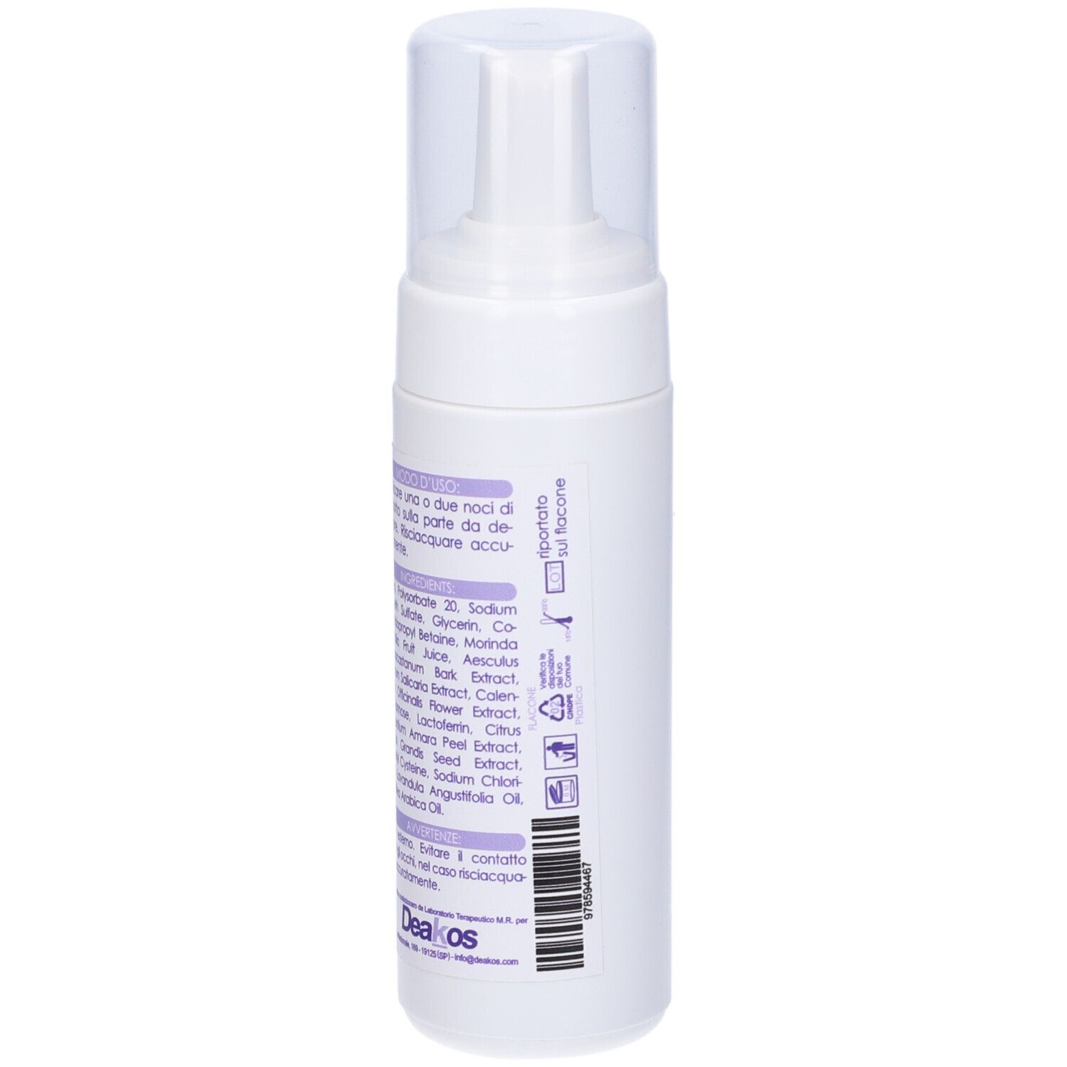 Flacone bianco con etichetta viola. Scritta: Ausilium Mousse. Prodotto per l'igiene intima.