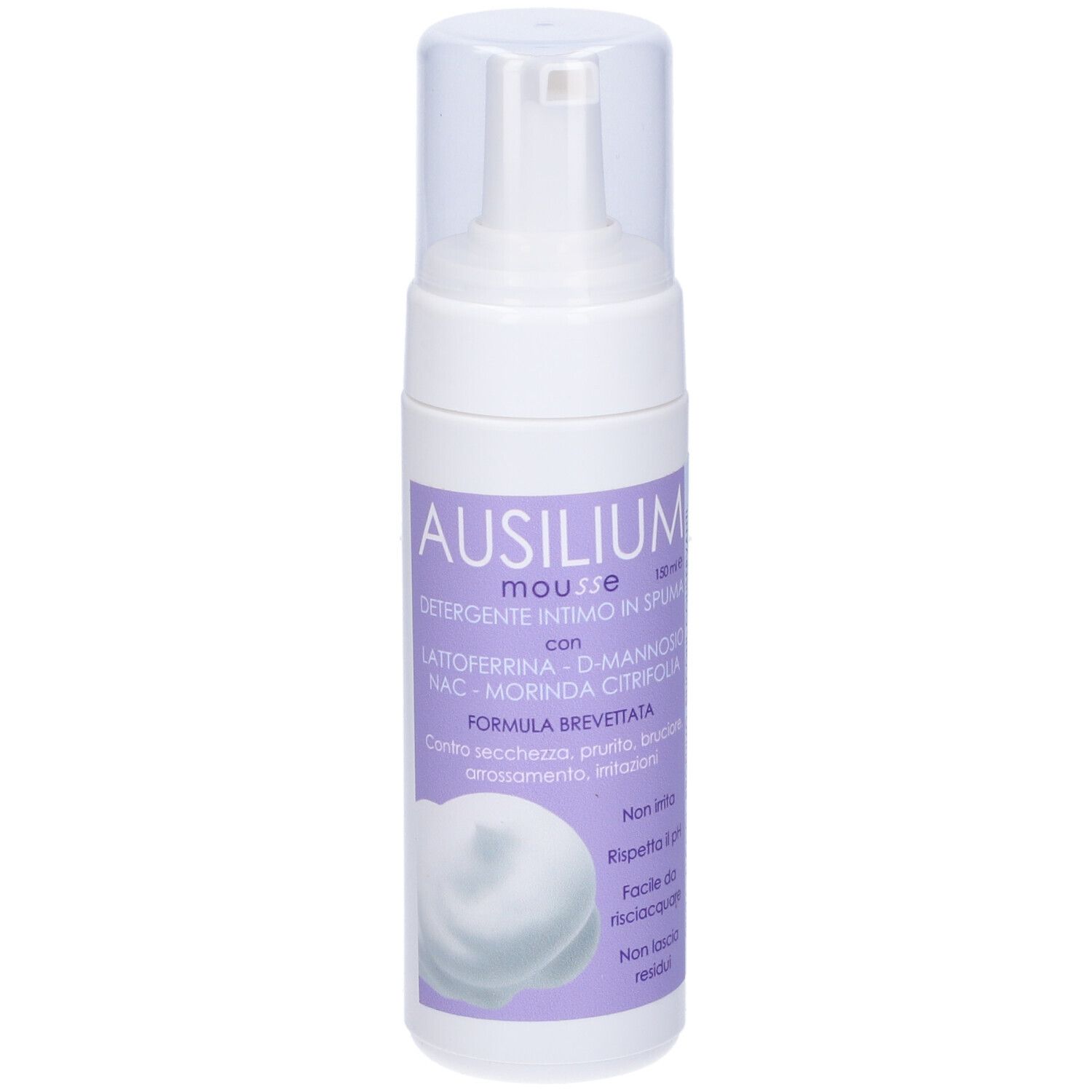 Flacone bianco con etichetta viola. Scritta: Ausilium Mousse. Prodotto per l'igiene intima.