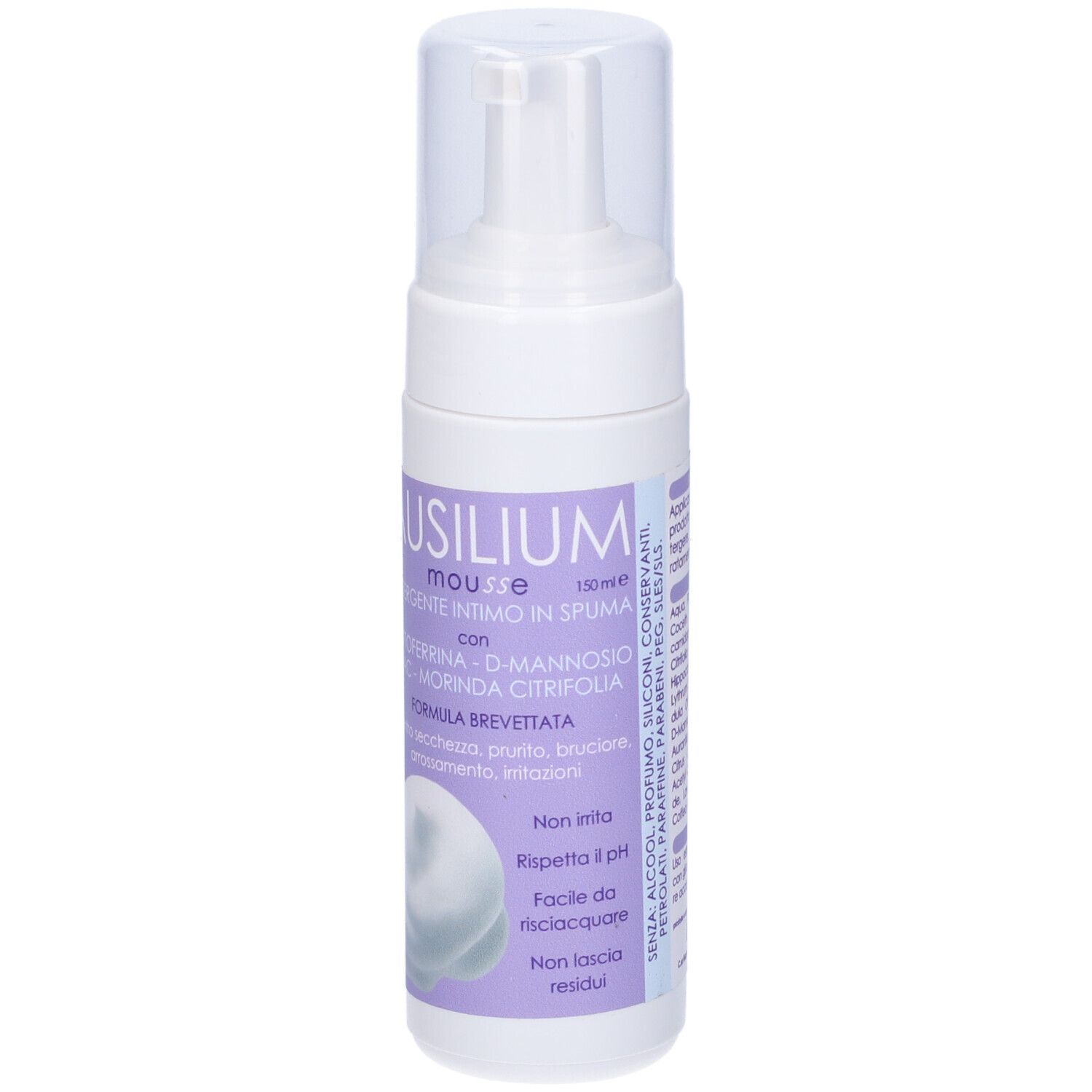 Flacone bianco con etichetta viola. Scritta: Ausilium Mousse. Prodotto per l'igiene intima.