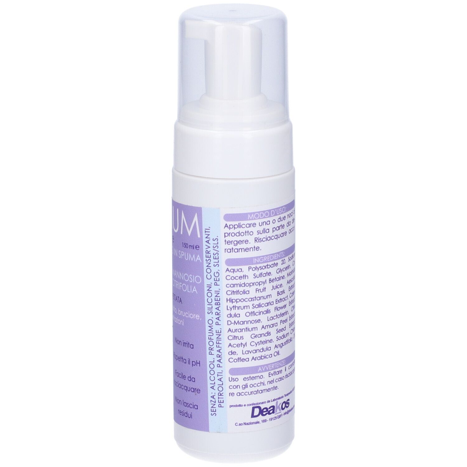 Flacone bianco con etichetta viola. Scritta: Ausilium Mousse. Prodotto per l'igiene intima.