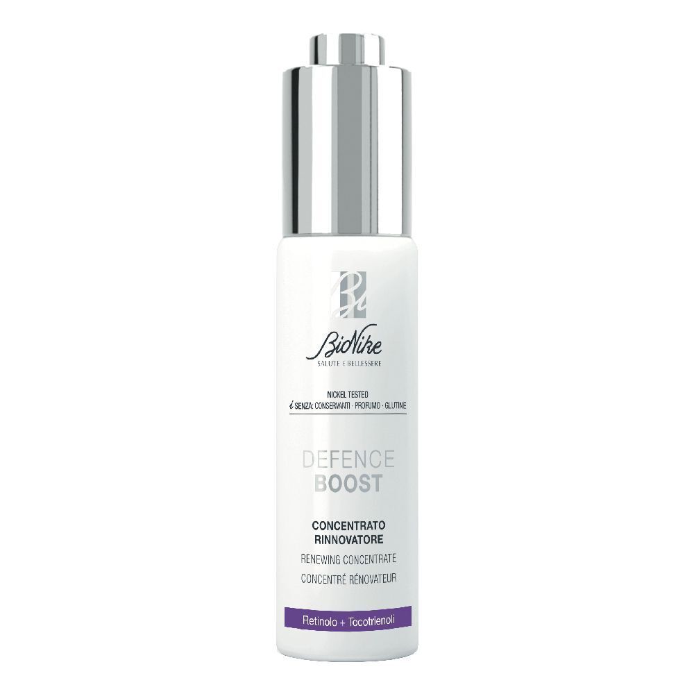 Flacone bianco con tappo argentato. Scritta: DEFENCE BOOST, Retinolo + Tocotrienoli. Marchio: BioNike.