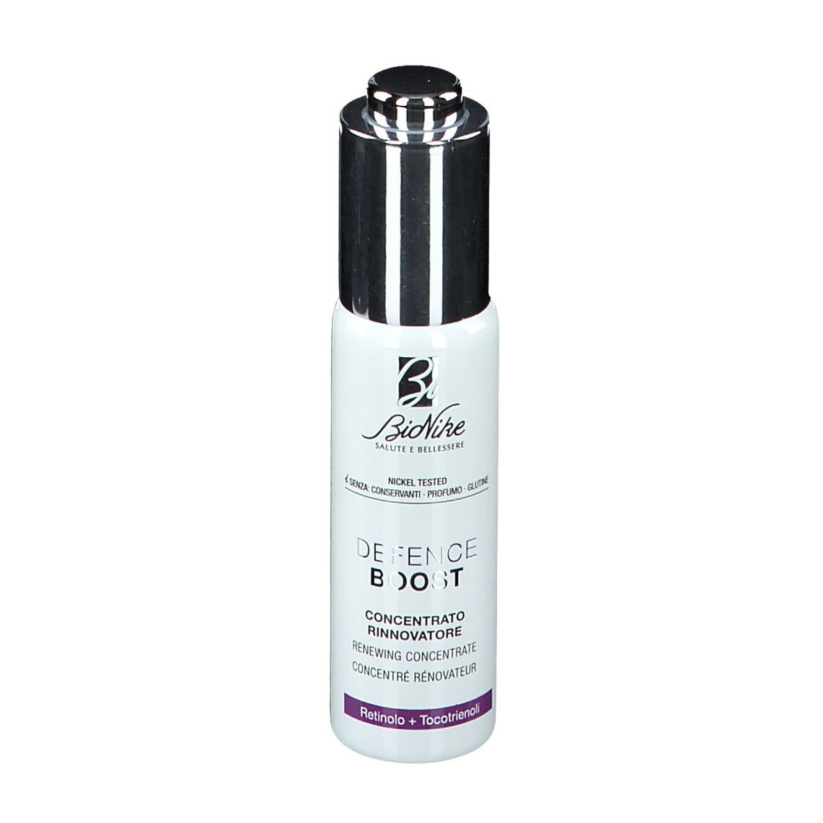 Flacone bianco con tappo argentato. Scritta: DEFENCE BOOST, Retinolo + Tocotrienoli. Marchio: BioNike.