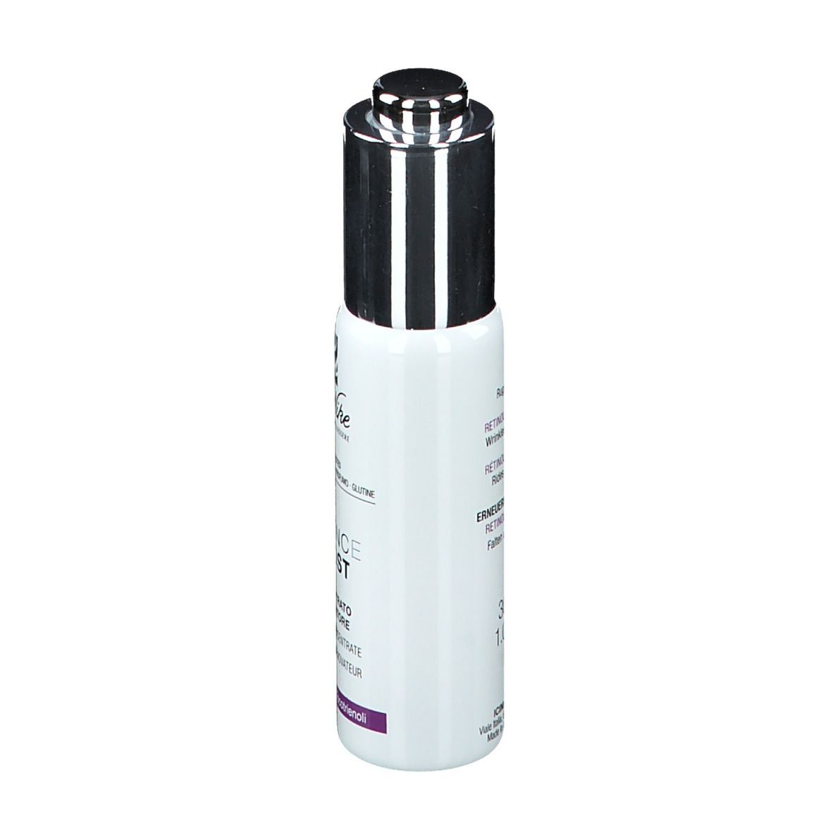 Flacone bianco con tappo argentato. Scritta: DEFENCE BOOST, Retinolo + Tocotrienoli. Marchio: BioNike.