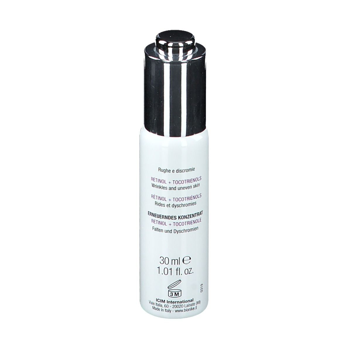 Flacone bianco con tappo argentato. Scritta: 30 ml, Retinolo + Tocotrienoli. Marchio: BioNike.