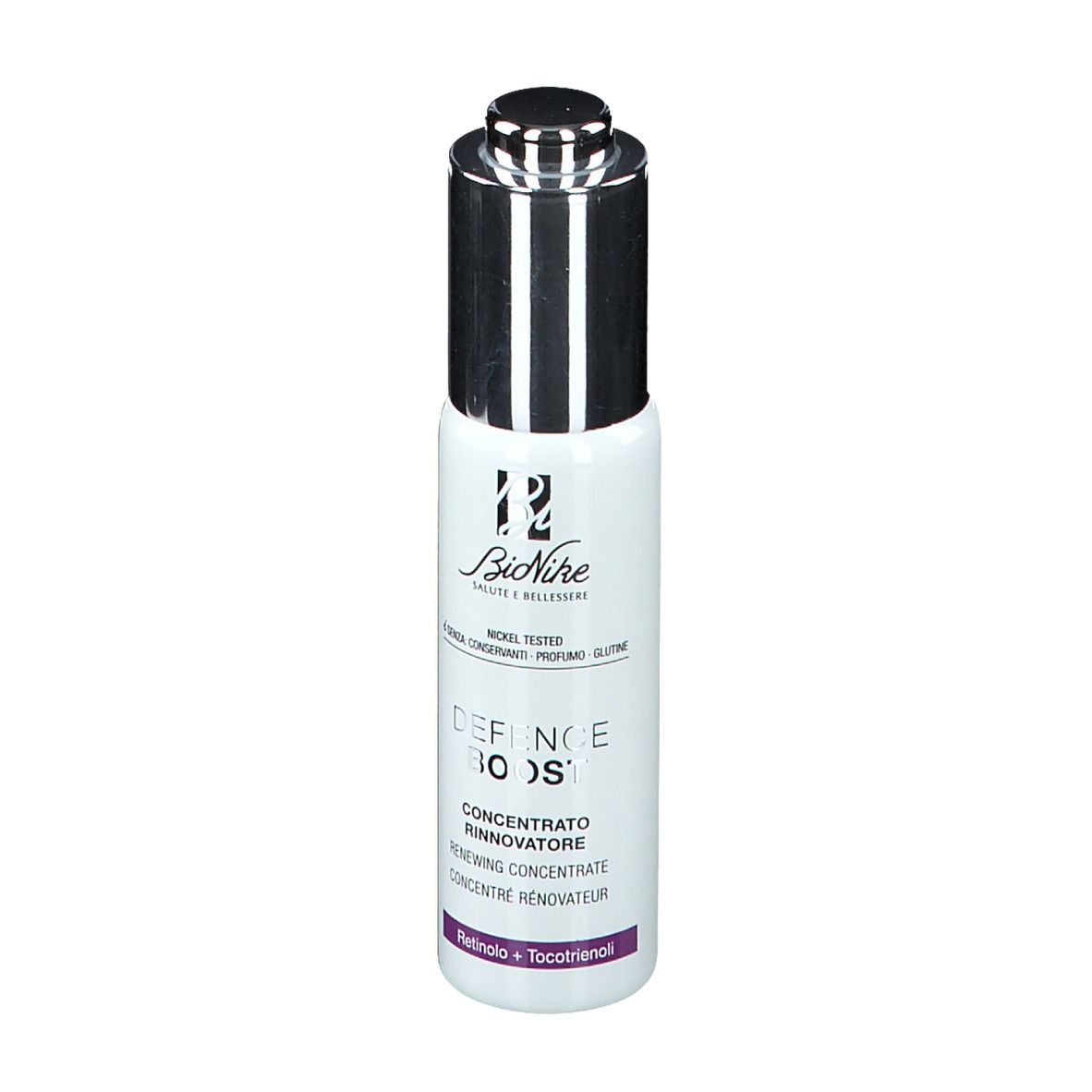 Flacone bianco con tappo argentato. Scritta: DEFENCE BOOST, Retinolo + Tocotrienoli. Marchio: BioNike.