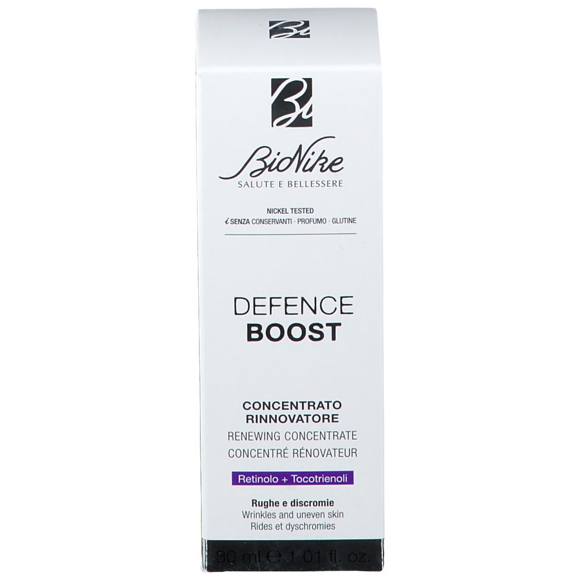 Confezione prodotto: scatola. Scritta: DEFENCE BOOST, Retinolo + Tocotrienoli. Marchio: BioNike.