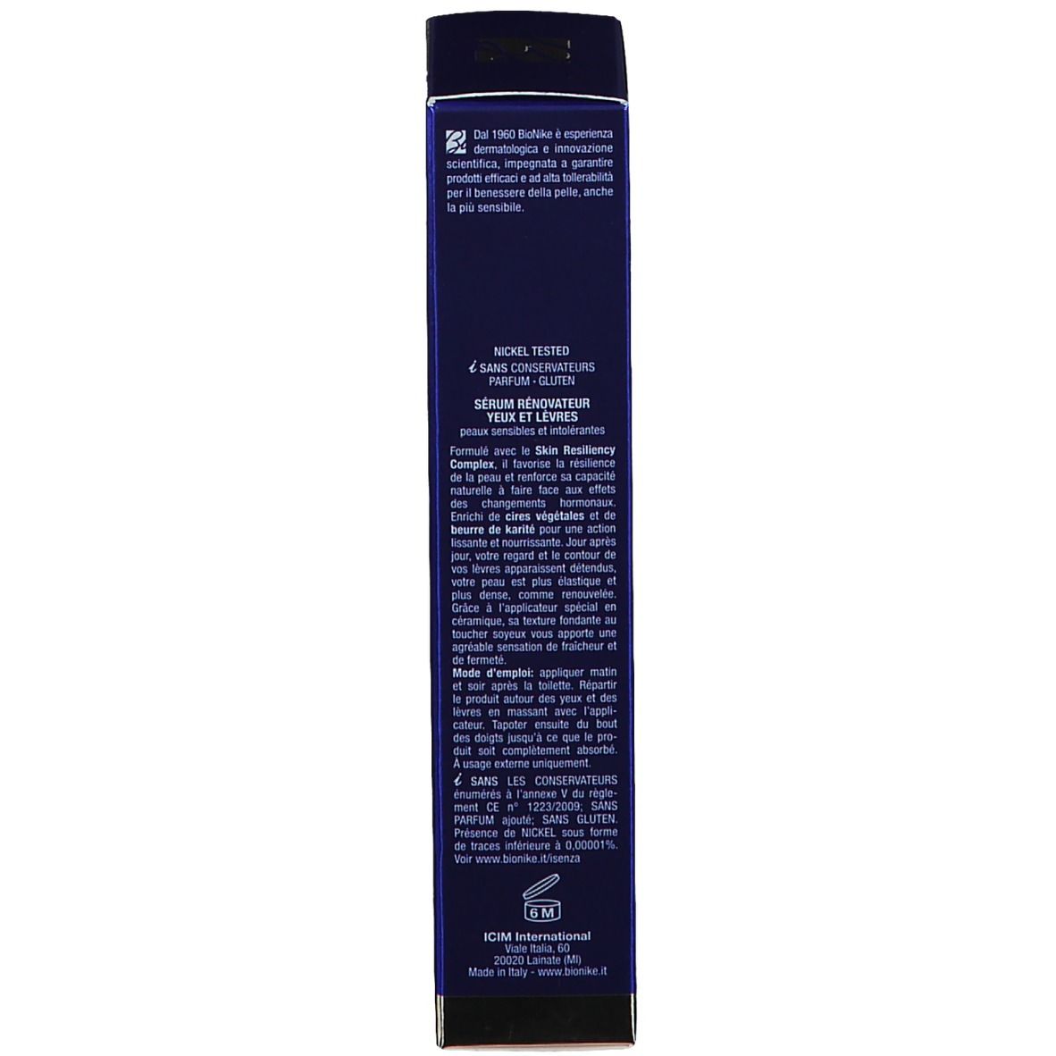 Dunkelblaue Schachtel. Text auf Italienisch. Nickel getestet, ohne Konservierungsstoffe, Parfum, Gluten.