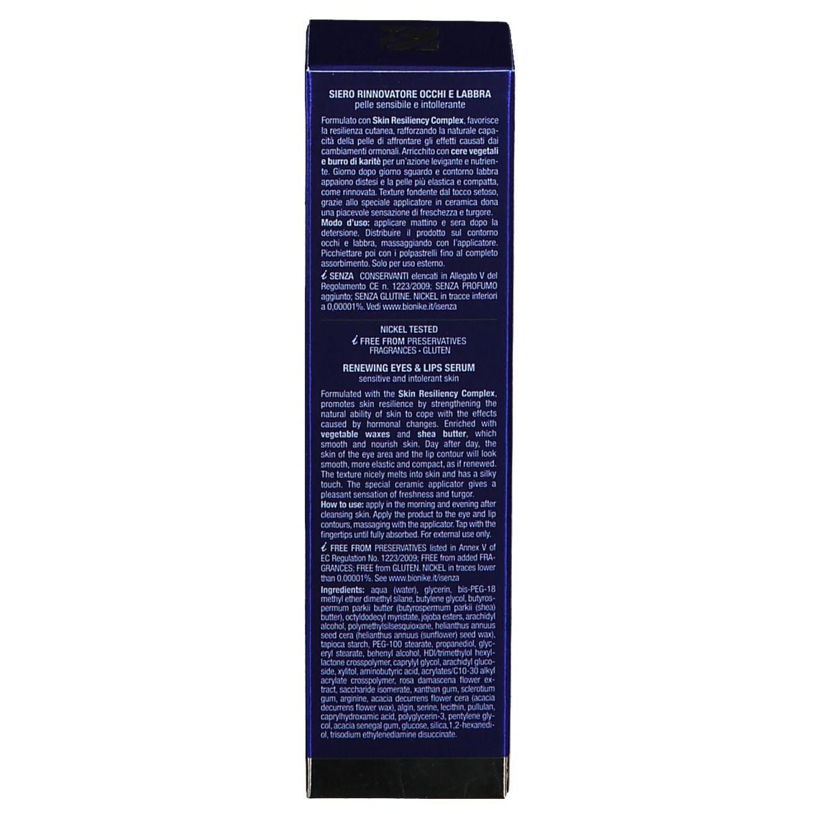 Dunkelblaue Schachtel. Text auf Italienisch und Englisch. Nickel getestet, ohne Konservierungsstoffe, Parfum, Gluten.