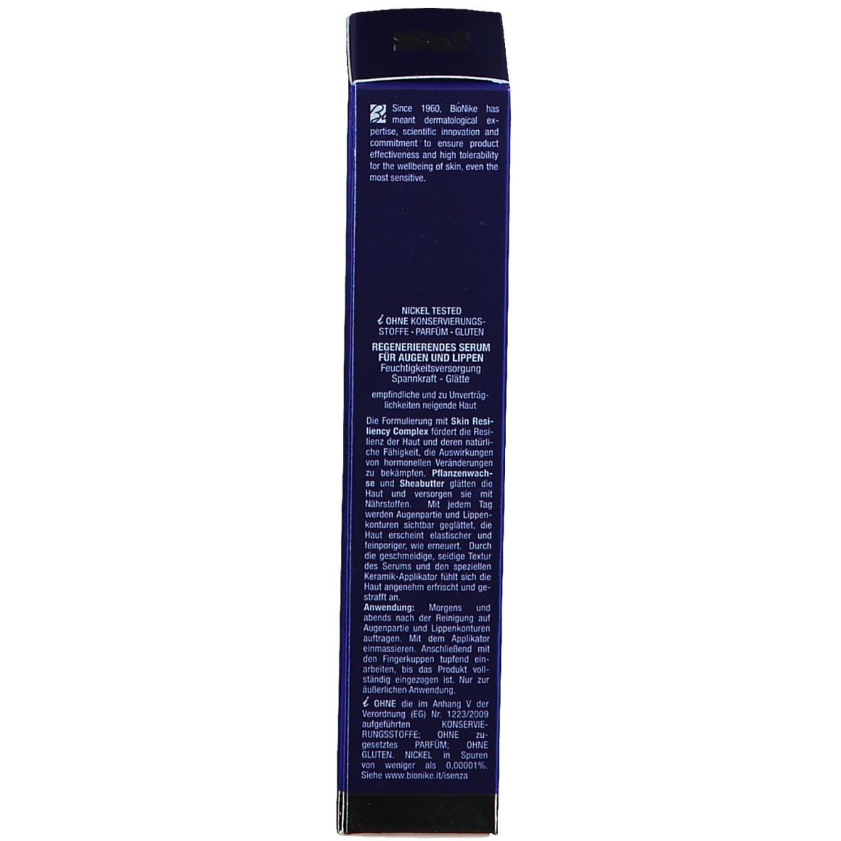 Dunkelblaue Schachtel. Text auf Deutsch. Nickel getestet, ohne Konservierungsstoffe, Parfum, Gluten.