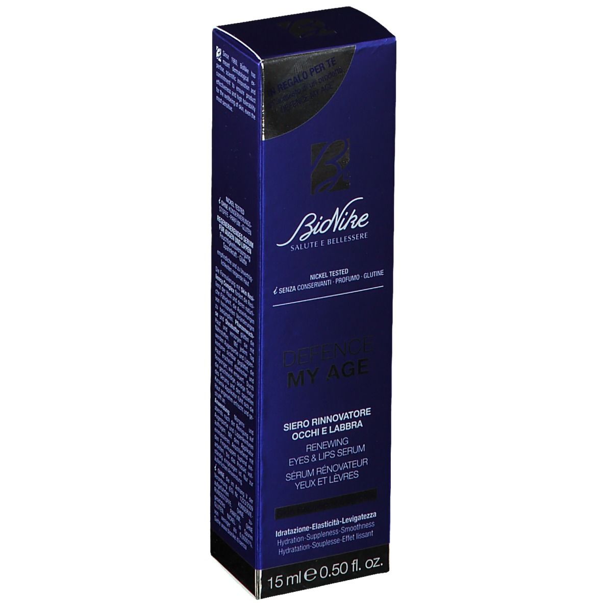 Dunkelblaue Schachtel. Aufschrift: BioNike, DEFENCE MY AGE, Serum für Augen und Lippen. 15 ml.
