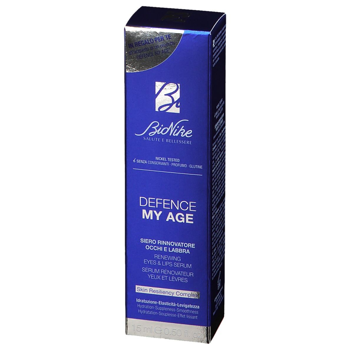 Dunkelblaue Schachtel. Aufschrift: BioNike, DEFENCE MY AGE, Serum für Augen und Lippen. 15 ml.