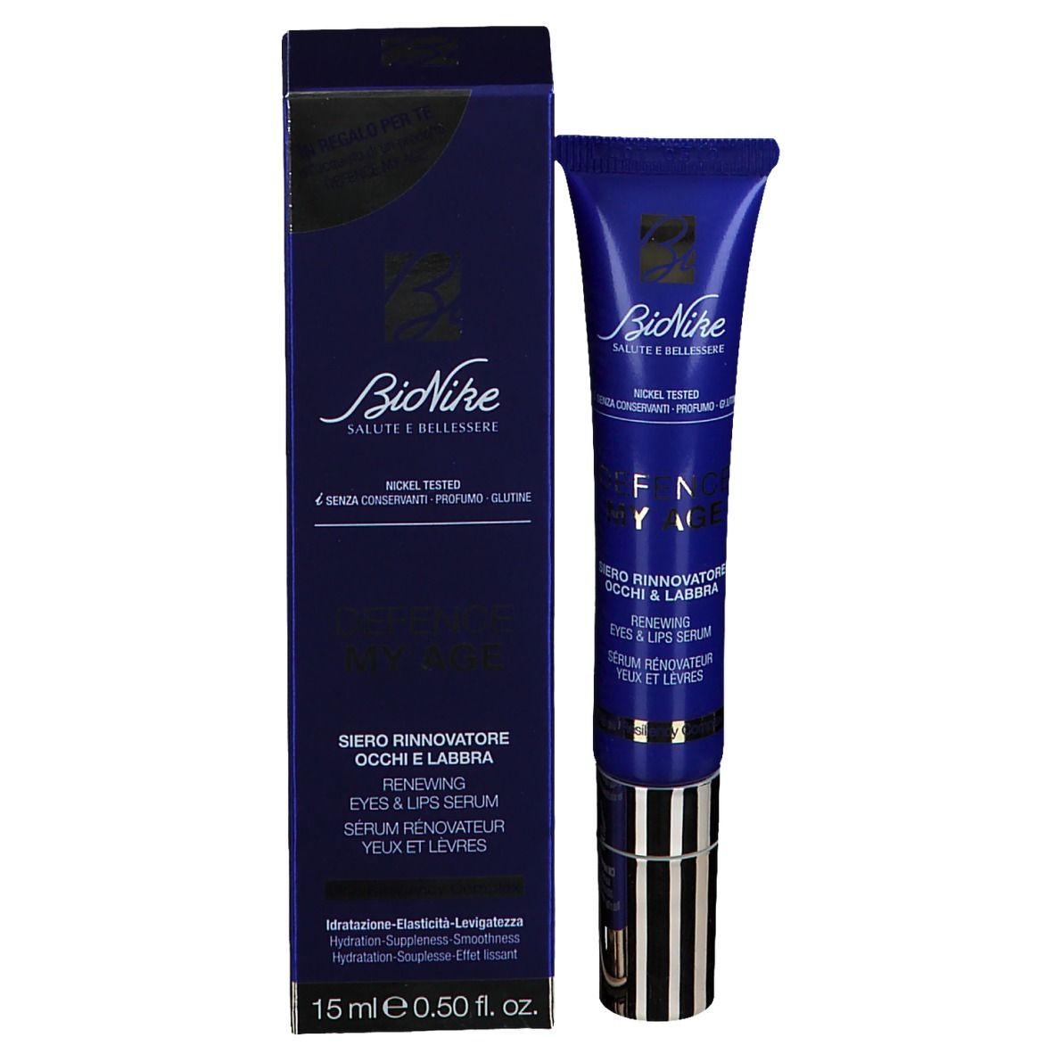 Dunkelblaue Tube mit Serum. Aufschrift: BioNike, DEFENCE MY AGE, Serum für Augen und Lippen. 15 ml.