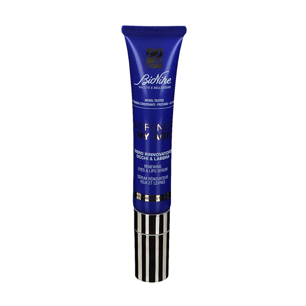 Dunkelblaue Tube mit Serum. Aufschrift: BioNike, DEFENCE MY AGE, Serum für Augen und Lippen.