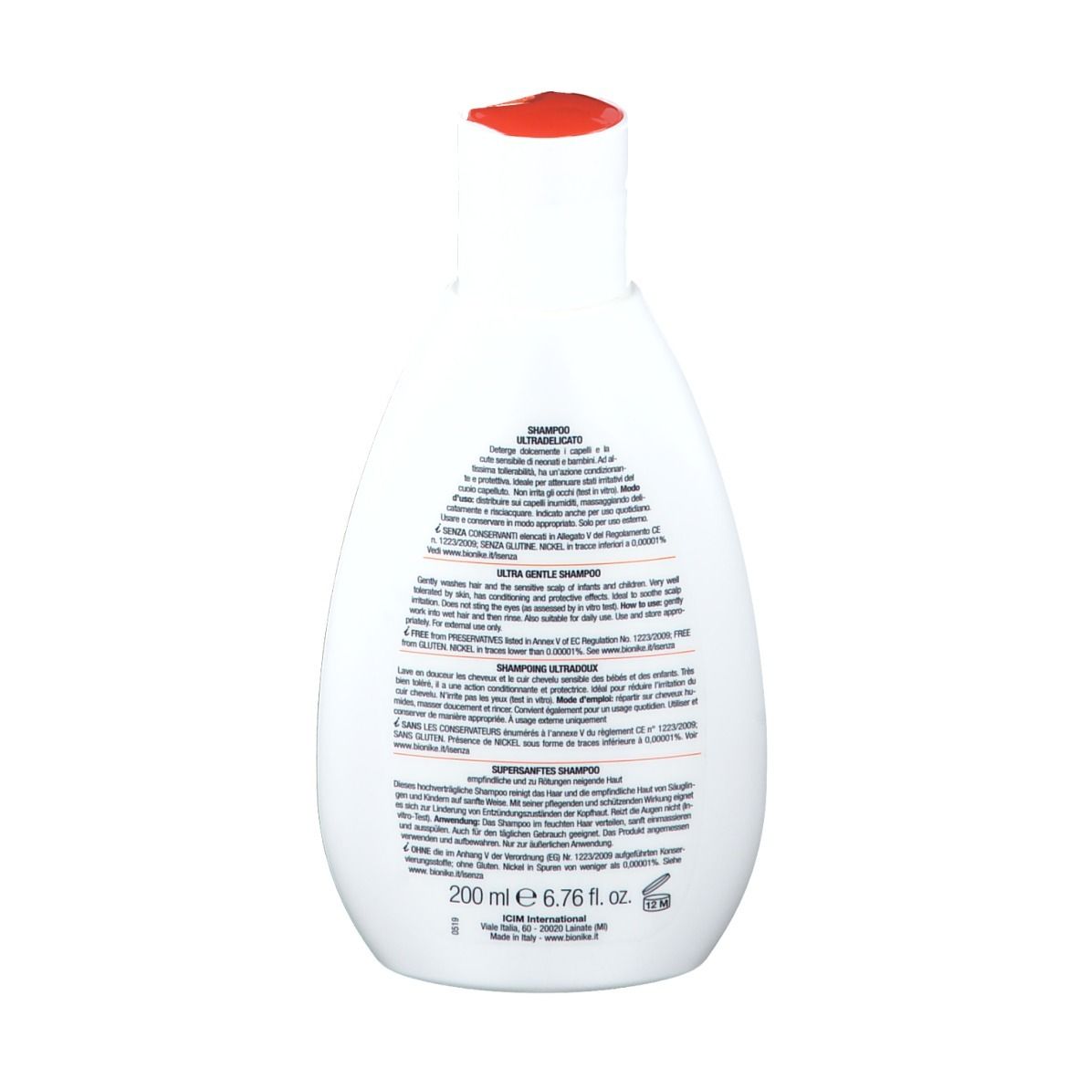 Retro di un flacone bianco. Testo: Shampoo Ultra-delicato. Ingredienti, istruzioni per l'uso. Volume: 200 ml. Senza conservanti, senza glutine.