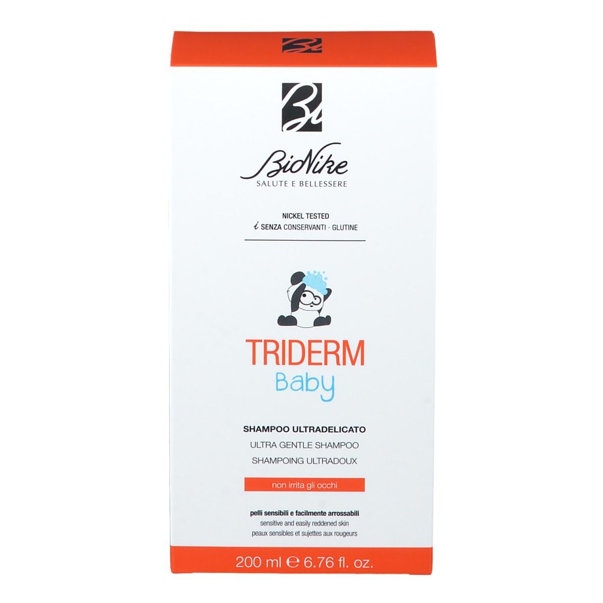 Confezione del prodotto: scatola. Scritta: TRIDERM Baby, Shampoo. Logo: Panda. Testo: Ultra-delicato. Senza conservanti, senza glutine.