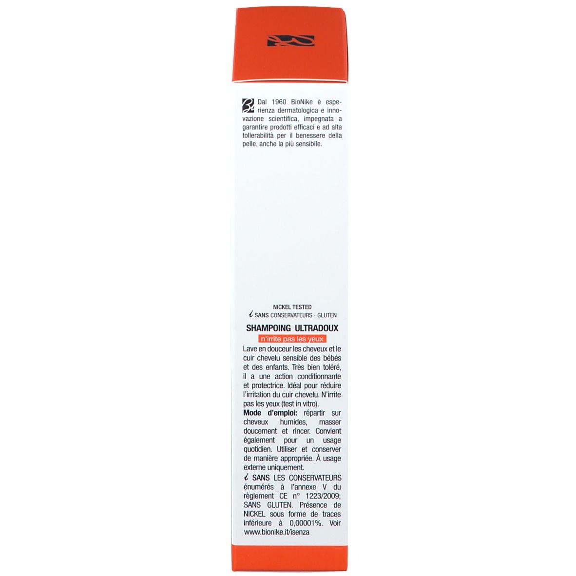 Lato della scatola. Testo: Shampoo Ultra-delicato. Informazioni sugli ingredienti, l'uso. Logo: Bionike. Senza conservanti, senza glutine.
