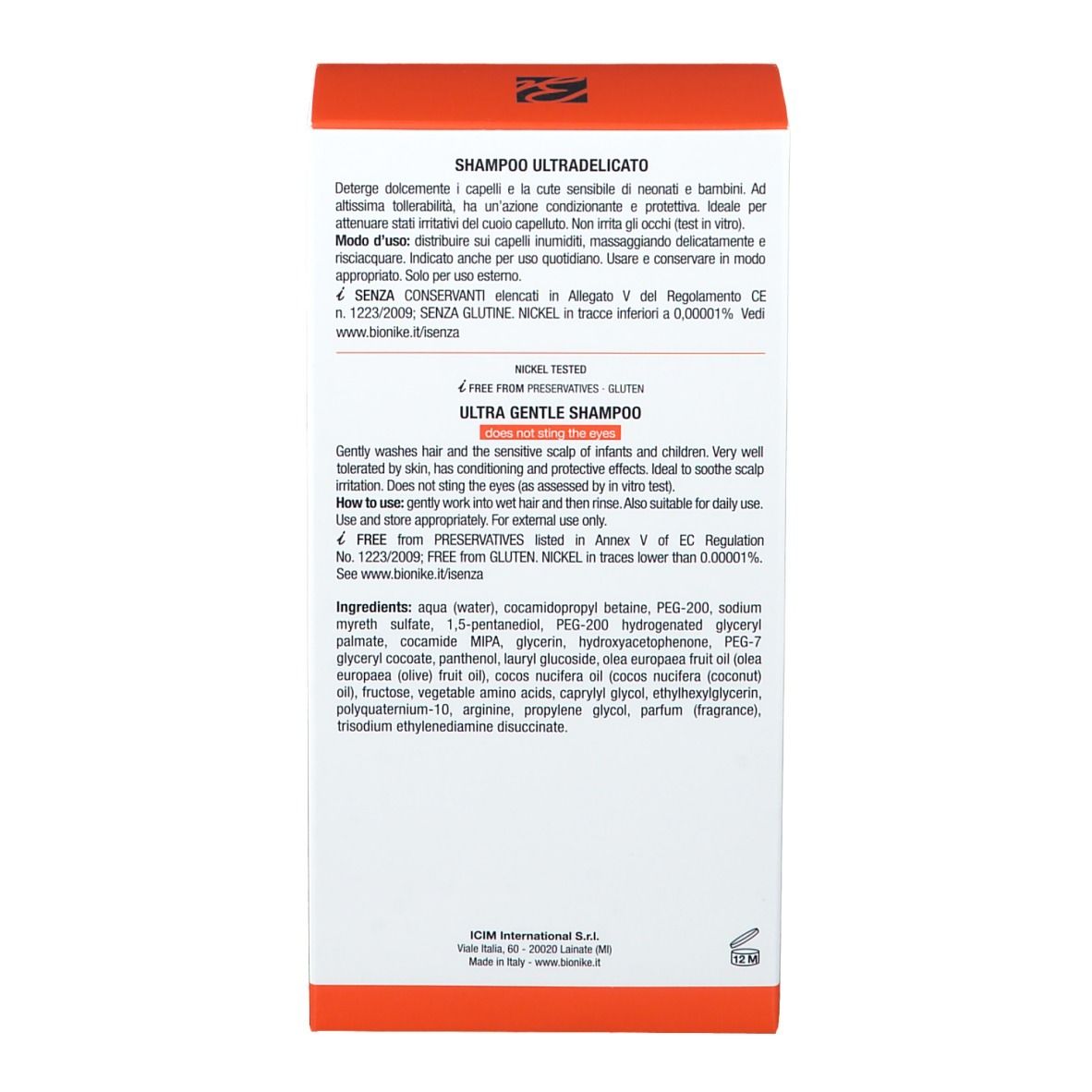 Lato della scatola. Testo: Shampoo Ultra-delicato. Ingredienti, istruzioni per l'uso. Logo: Bionike. Senza conservanti, senza glutine.