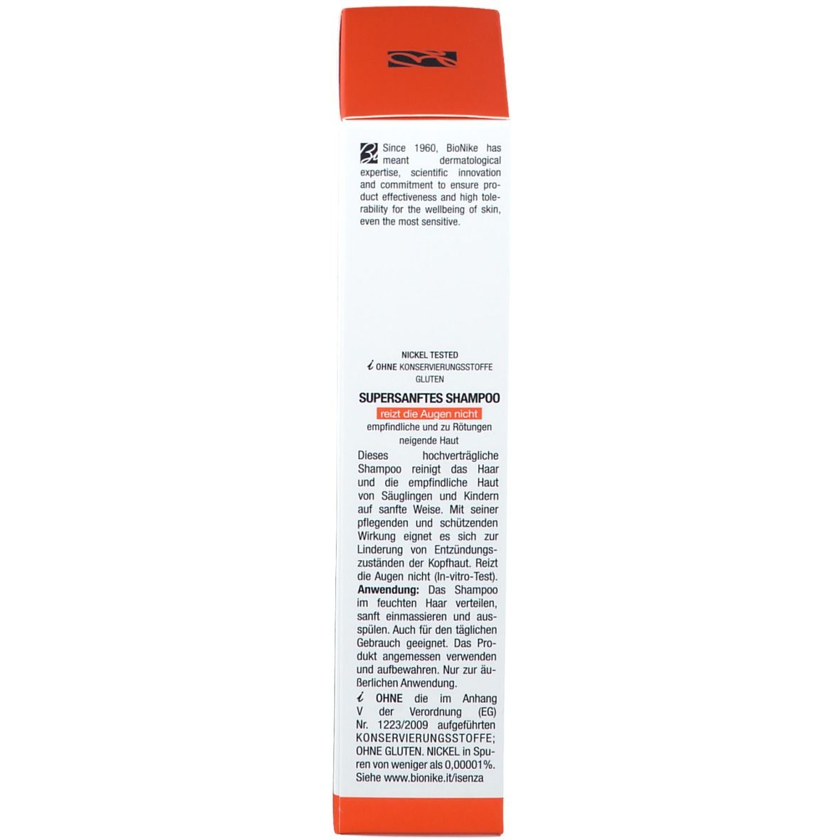 Lato della scatola. Testo: Shampoo Ultra-delicato. Istruzioni per l'uso. Logo: Bionike. Senza conservanti, senza glutine.