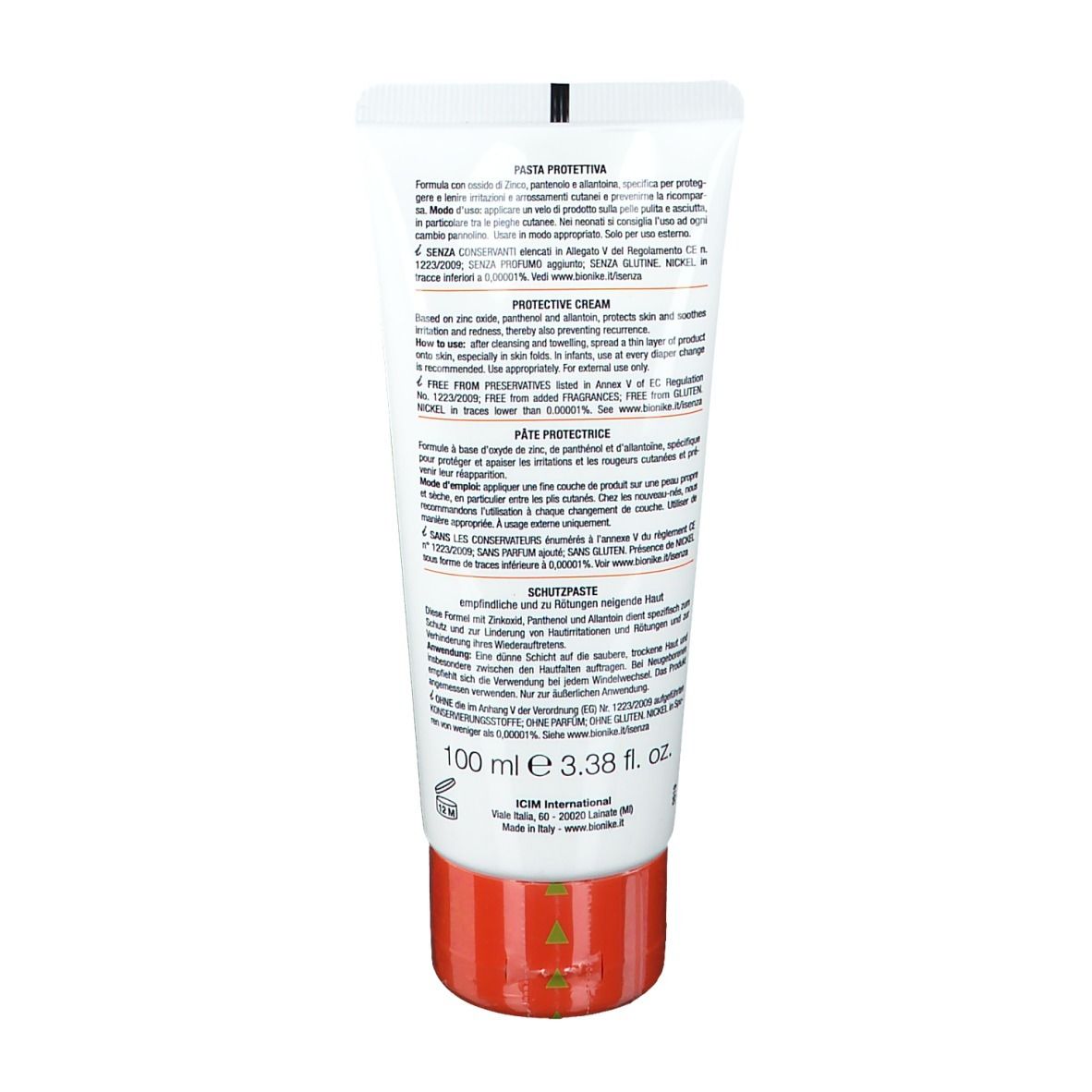 Retro del tubo con testo. Scritta: Protective Cream, Pasta protettiva. Ingredienti e informazioni produttore.