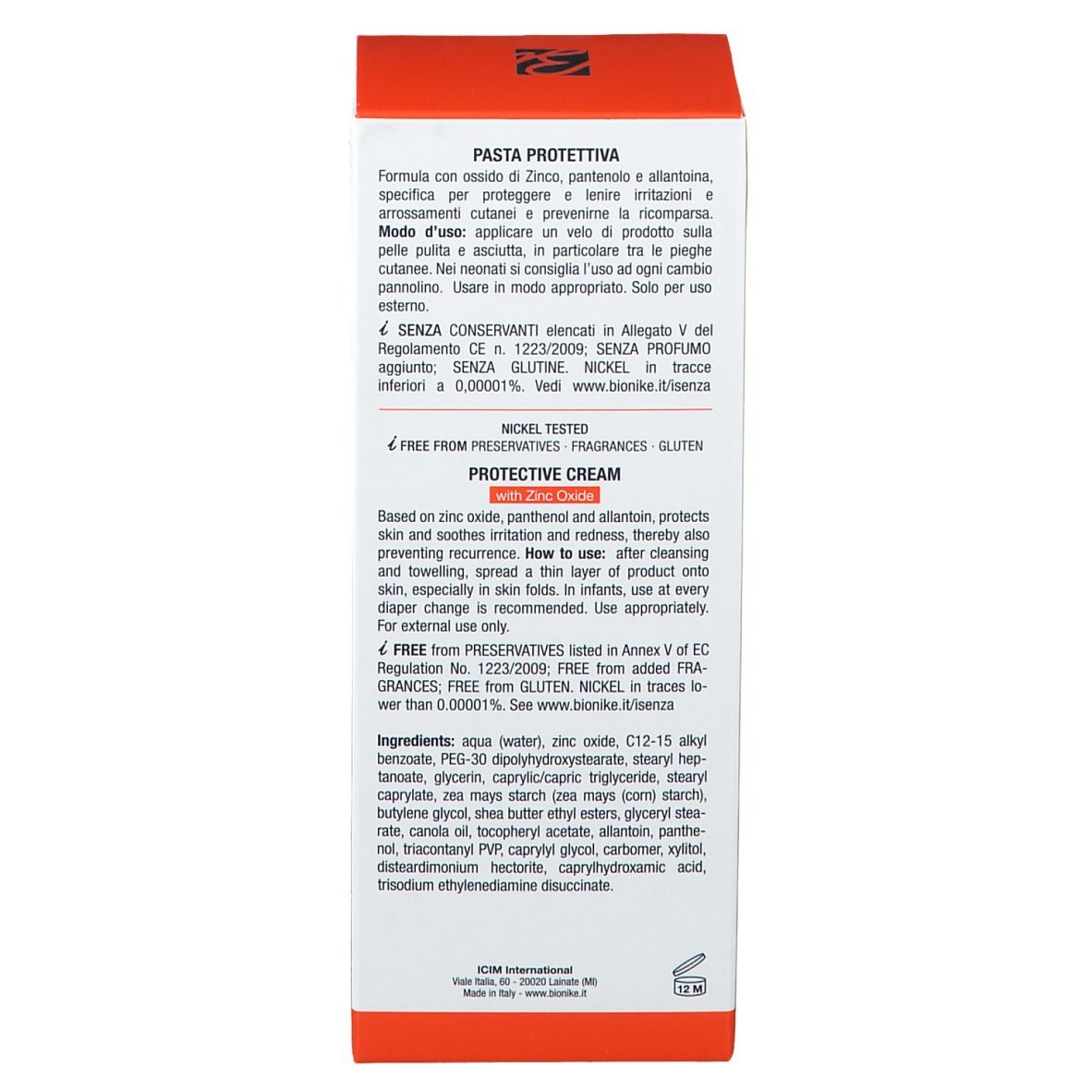 Scatola, testo in inglese e italiano. Scritta: Protective Cream, Pâte Protectrice. Ingredienti e utilizzo.