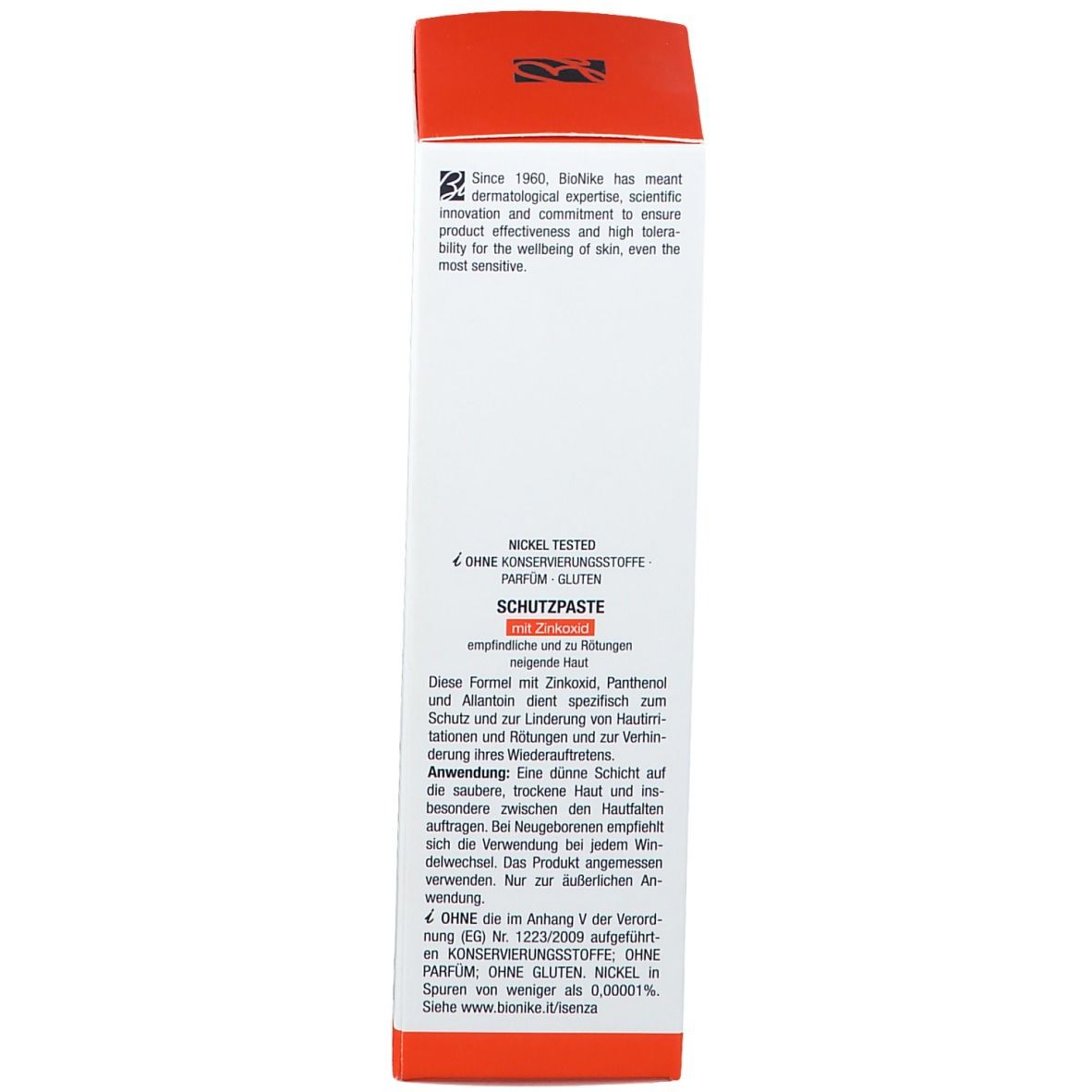 Scatola, testo in tedesco. Scritta: Schutzpaste. Ingredienti e istruzioni per l'uso.