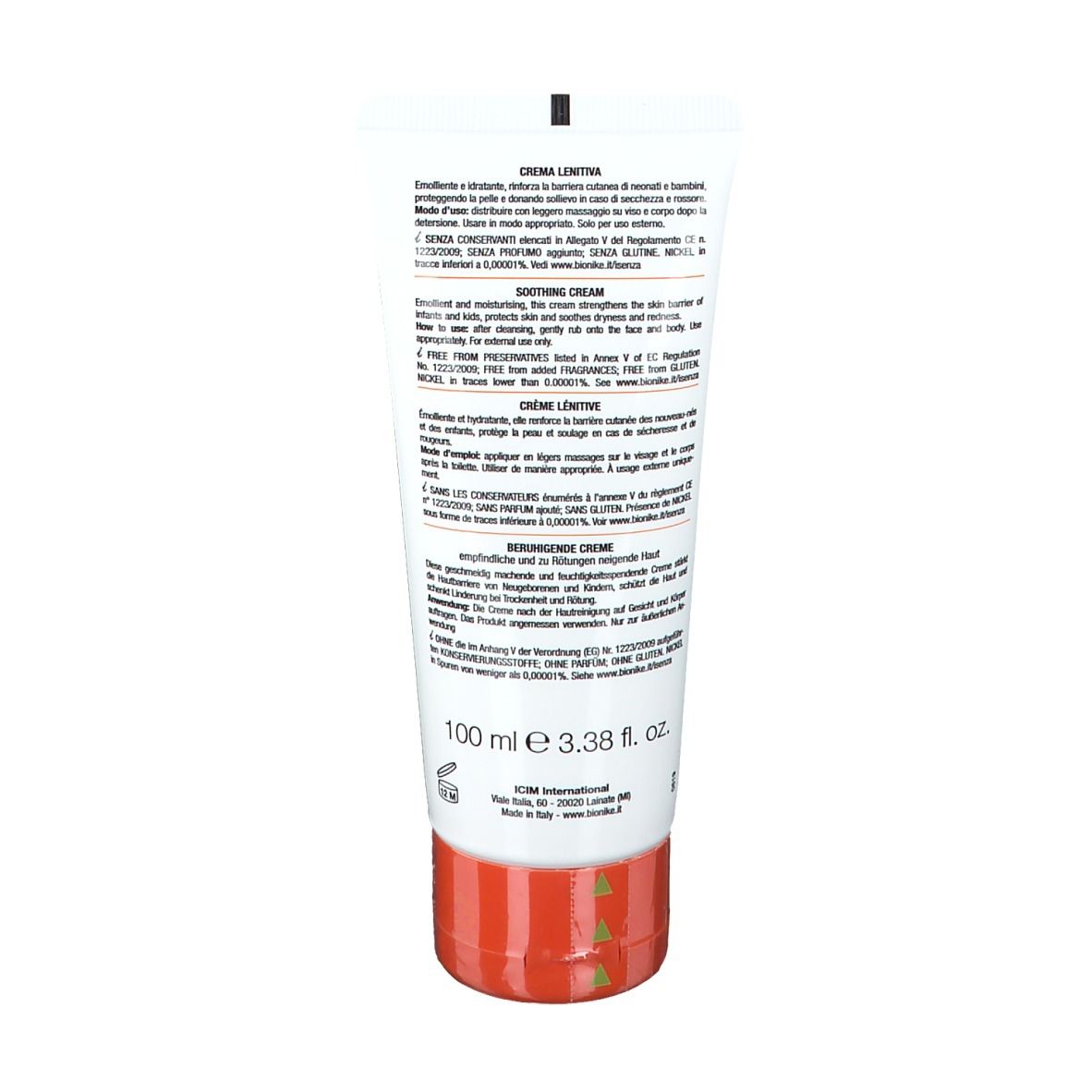 Retro del tubo bianco. Testo multilingue. Contiene informazioni sugli ingredienti e l'uso. Tappo rosso.