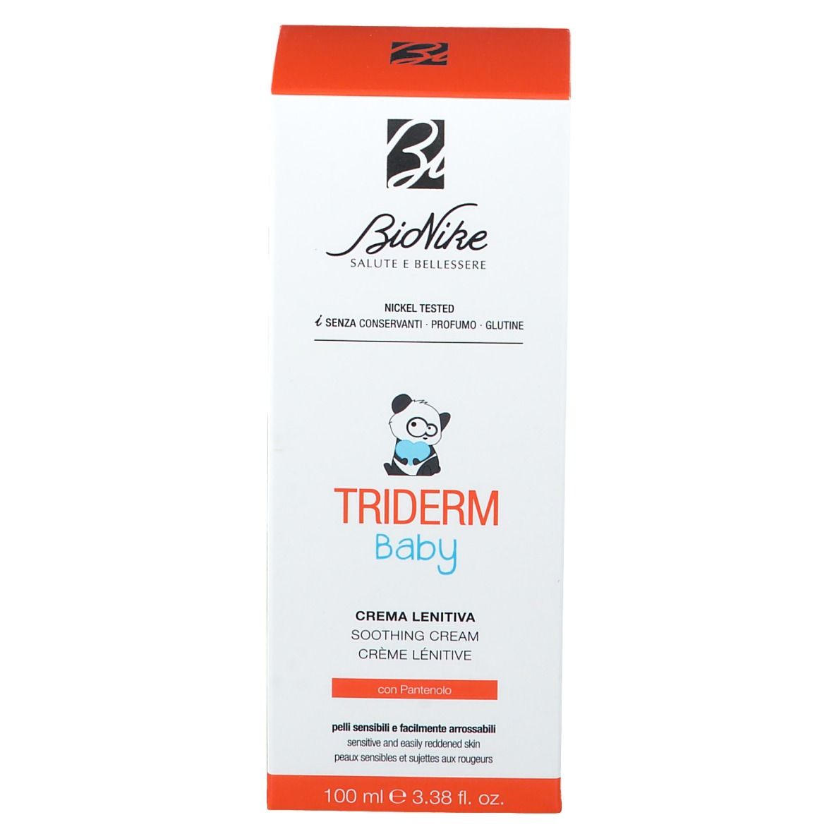 Scatola bianca con coperchio rosso. Scritta: BioNike, TRIDERM Baby, Crema Lenitiva. Contiene Pantenolo. Nickel tested.