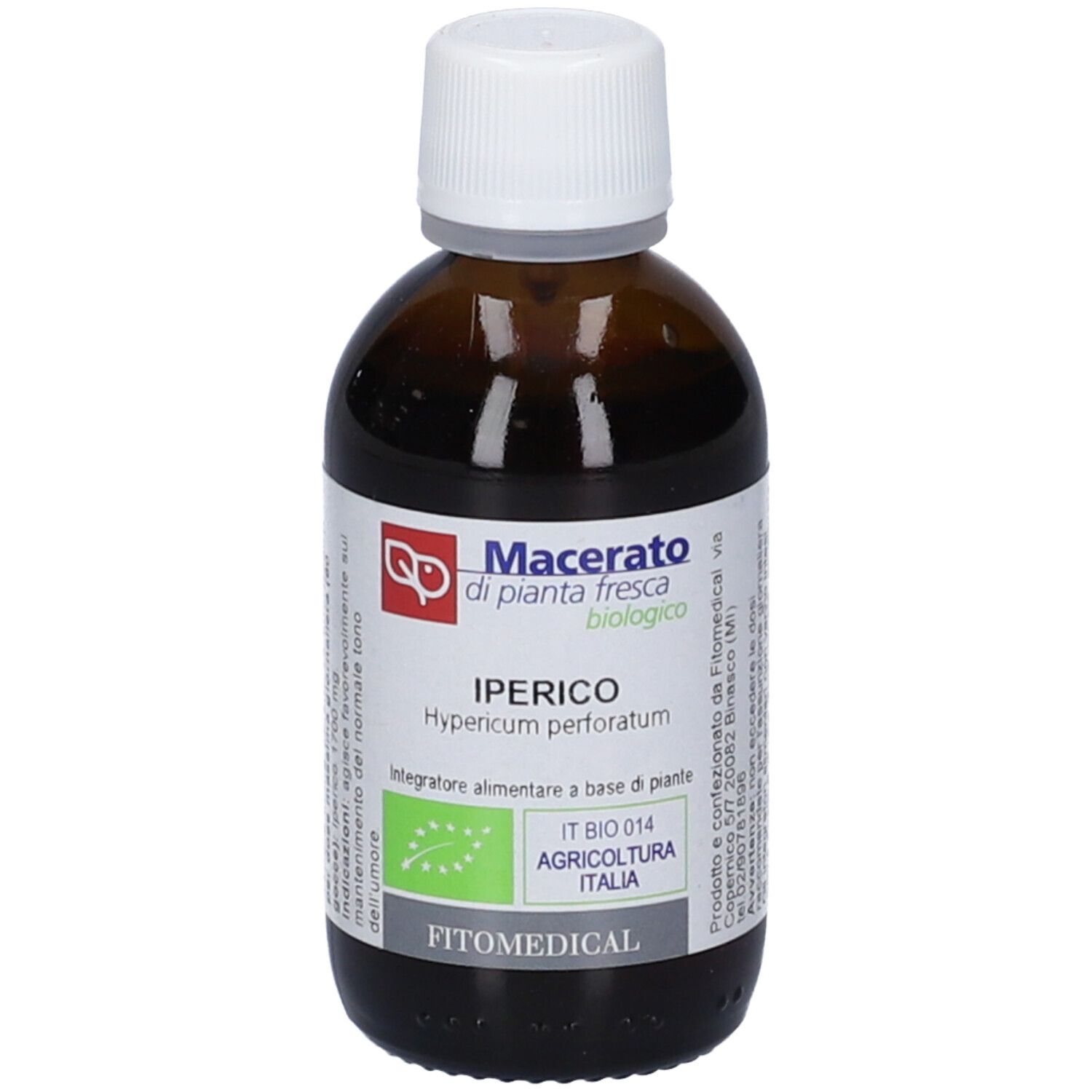 Flacone in vetro marrone con tappo a vite bianco, etichetta "Iperico Hypericum perforatum" e marchio bio.