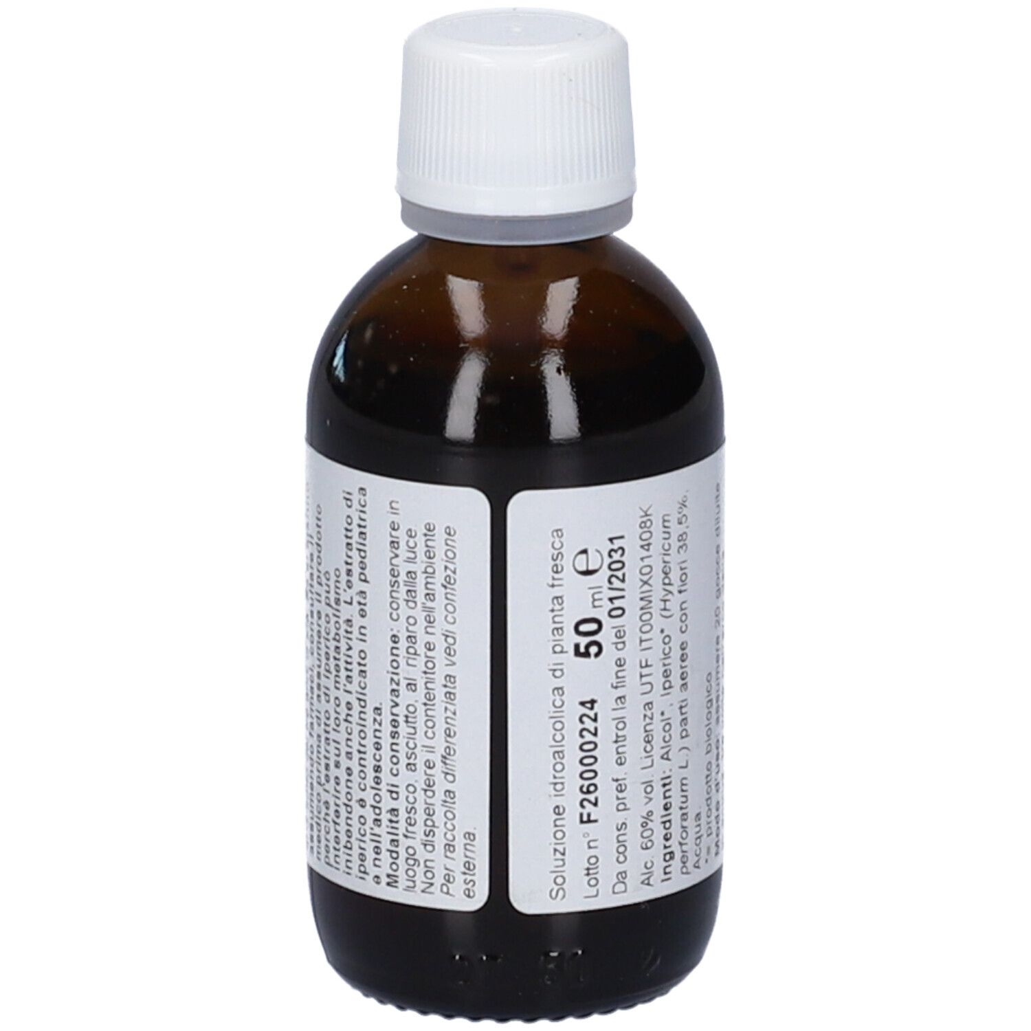 Vista laterale di un flacone in vetro marrone con etichetta che indica "Soluzione idroalcolica" e "50 ml".