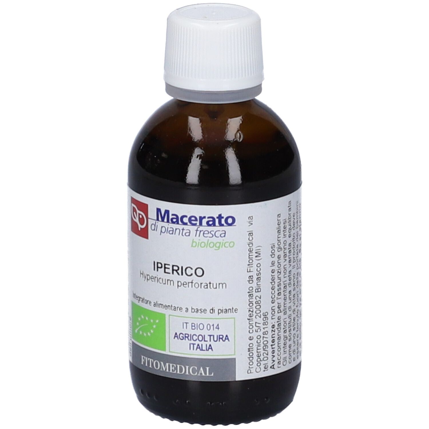 Flacone in vetro marrone con tappo a vite bianco, etichetta "Iperico Hypericum perforatum" e marchio bio.