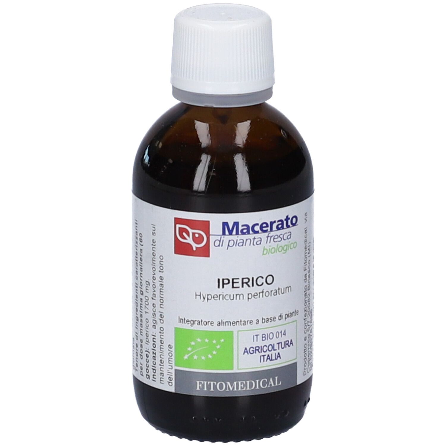 Flacone in vetro marrone con tappo a vite bianco, etichetta "Iperico Hypericum perforatum" e marchio bio.