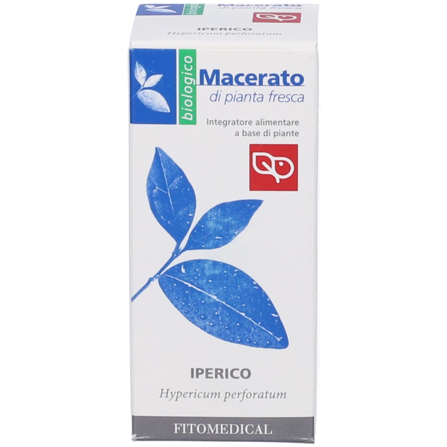 Scatola di cartone per "Iperico Hypericum perforatum" con motivo a foglia, marchio bio e informazioni sul produttore.