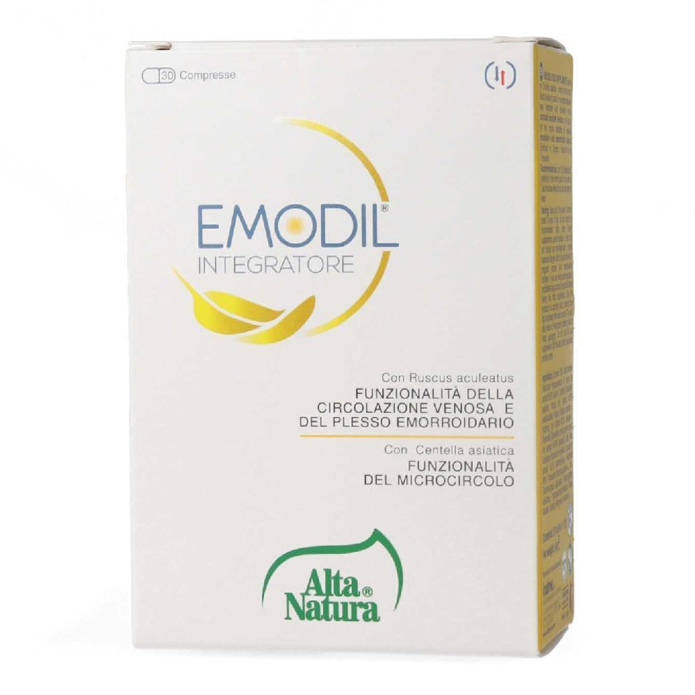 Scatola bianca 'Emodil Integratore'. Contiene 30 compresse. Testo: Funzionalità della circolazione venosa e del plesso emorroidario.