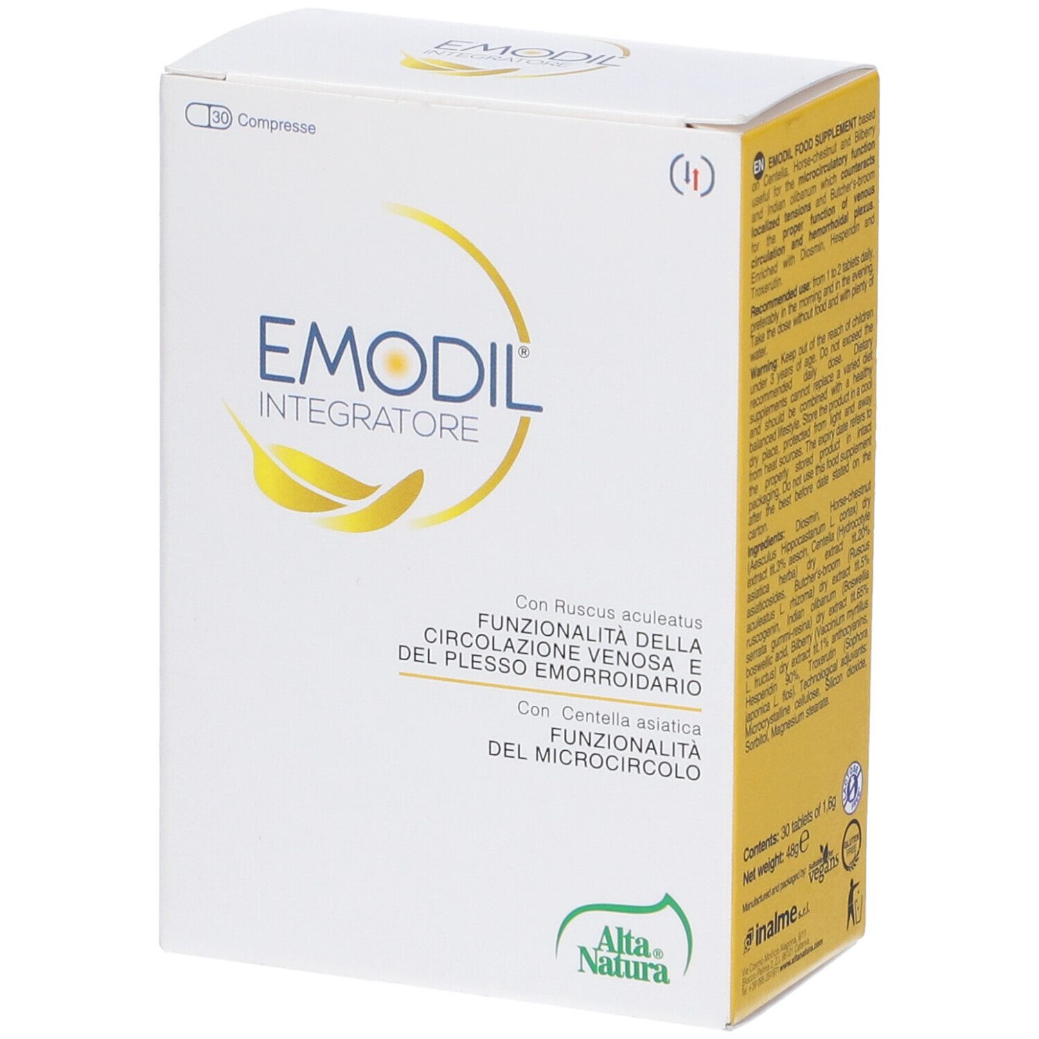 Scatola 'Emodil Integratore'. Contiene 30 compresse. Testo: Funzionalità della circolazione venosa e del plesso emorroidario. Marca: Alta Natura.