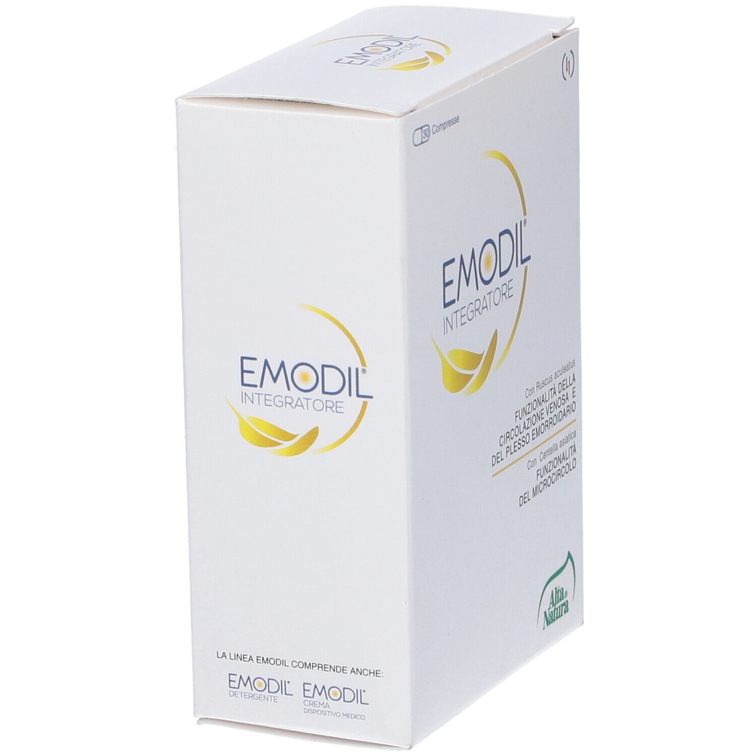 Scatola 'Emodil Integratore'. Testo: Funzionalità della circolazione venosa e del plesso emorroidario. Marca: Alta Natura. Vista angolata.